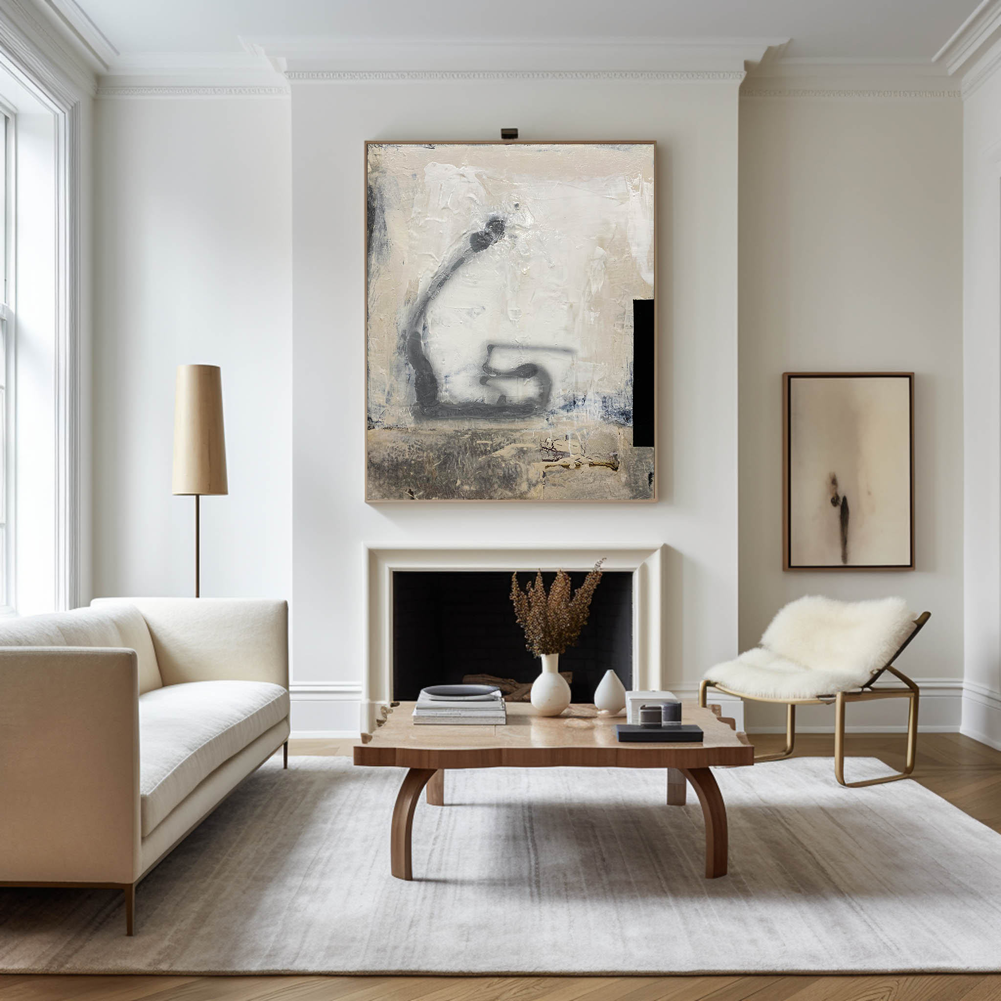 Abstract Beige Grey Black Brush Stroke Painting