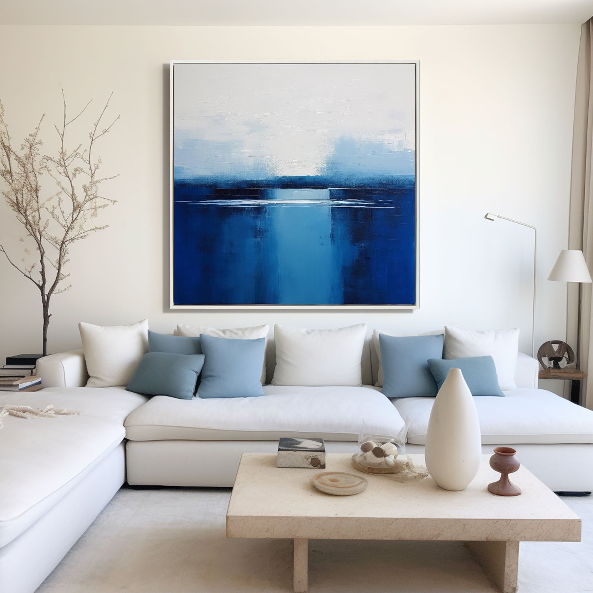 Blue Ink Wash Lakeside Horizon Canvas Art