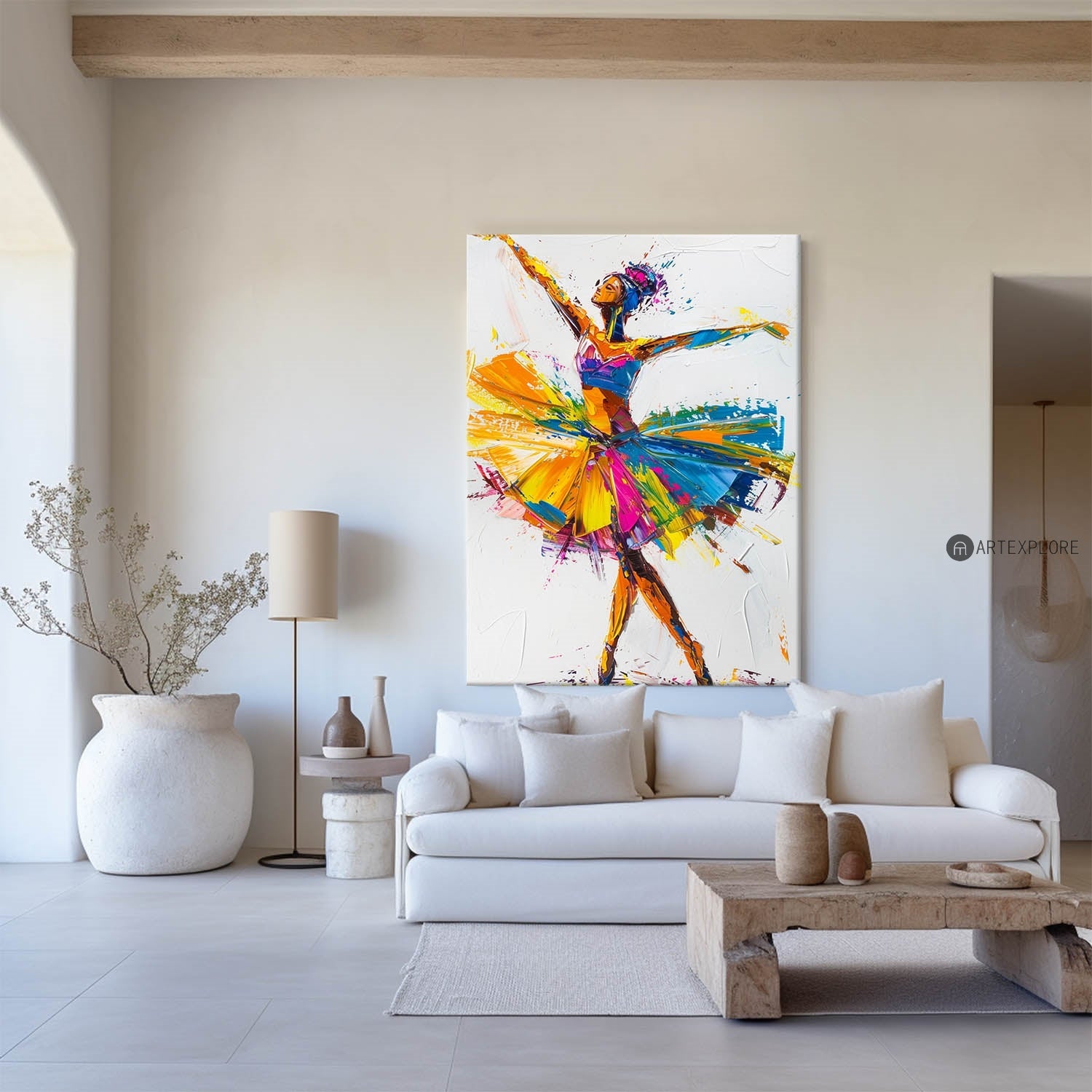 Vibrant Ballet Dancer Figure Splash‑Color Dynamic Brushstroke Textured Artwork