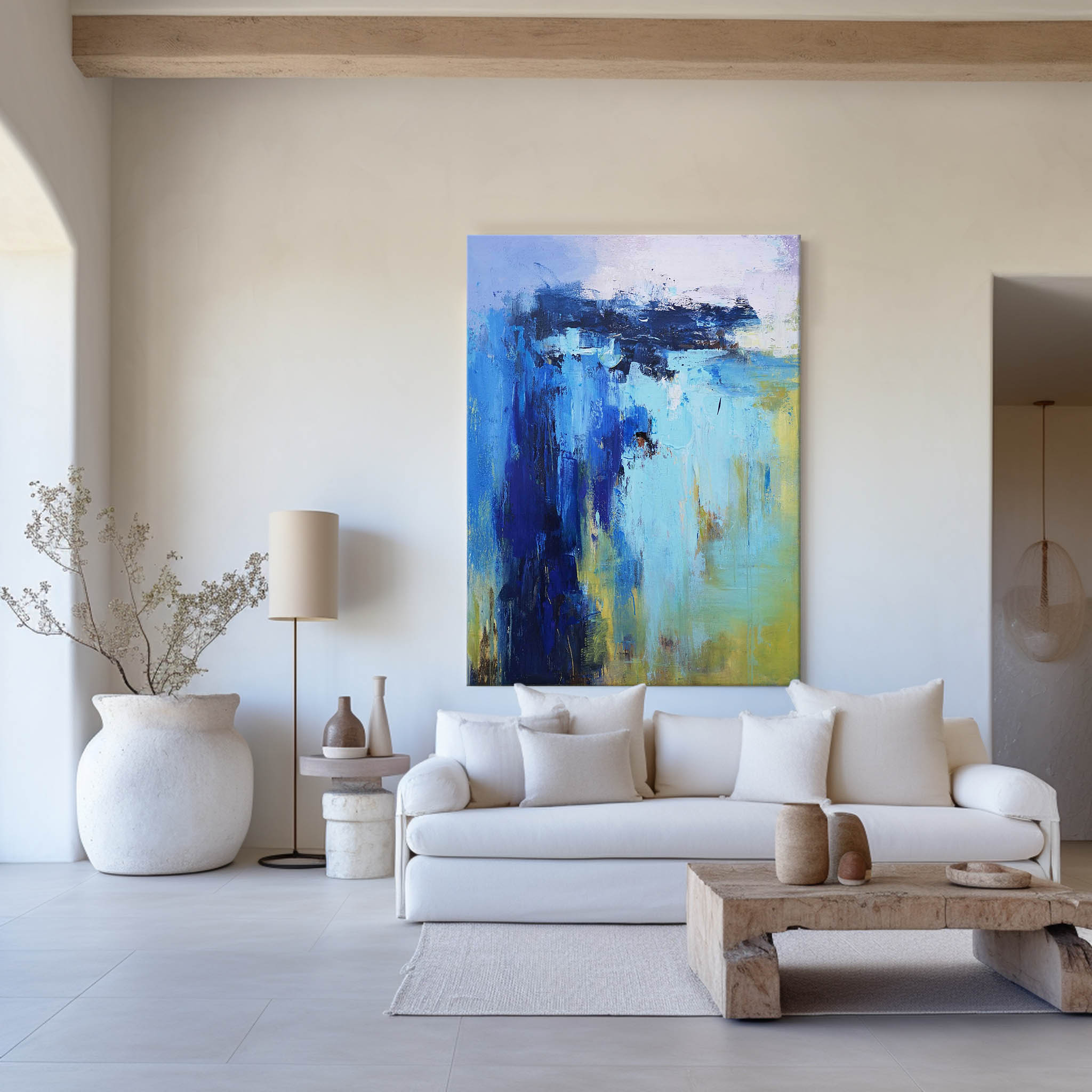Blue‑Turquoise‑Yellow Coastal‑Seascape Abstract  Thick Impasto‑Texture Artwork