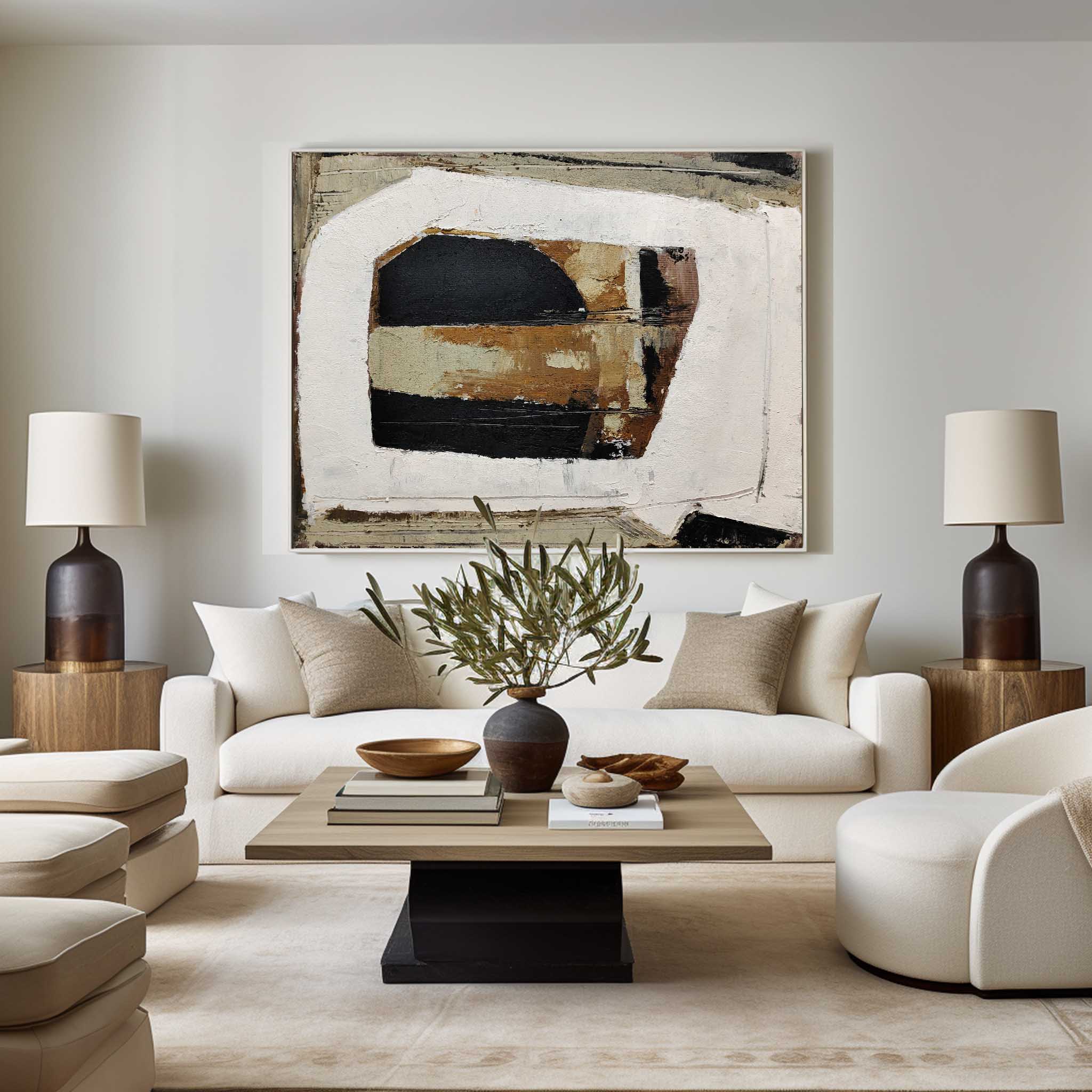 Abstract Black Beige Brown Geometric Oil Painting