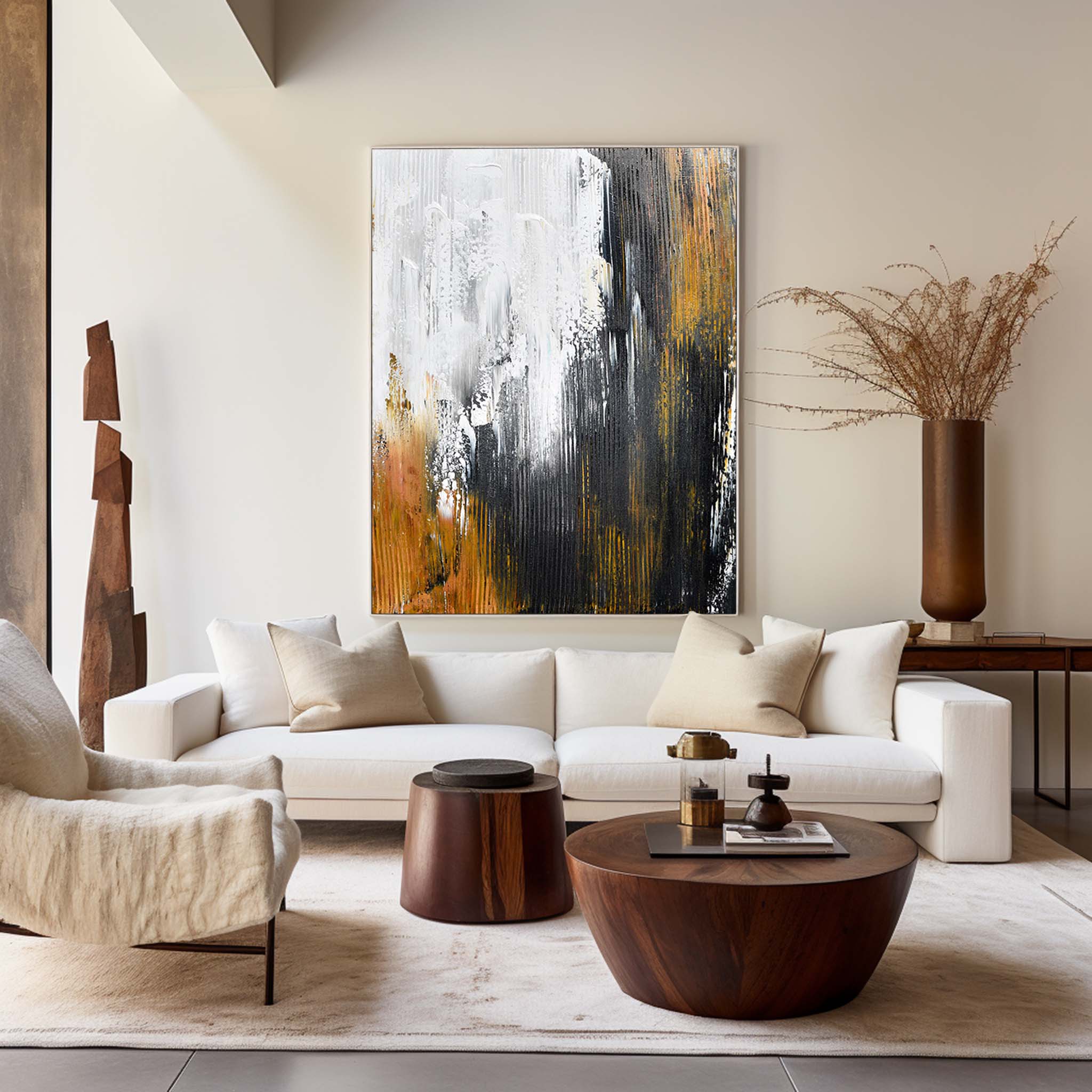 Large Contemporary Abstract Black Gold White Textured Vertical Oil Painting on Linen Canvas