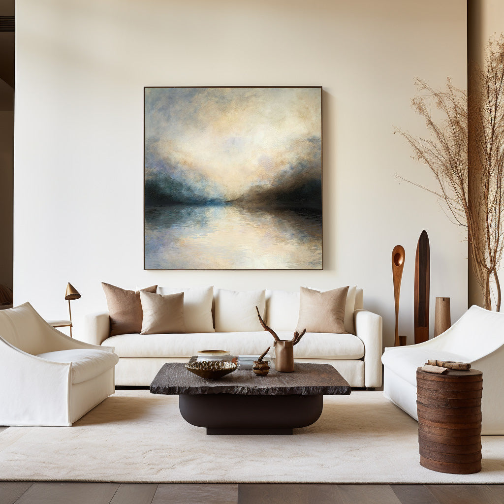 Gold‑Teal‑Grey Square Mist‑Landscape Blended‑Tone Artwor