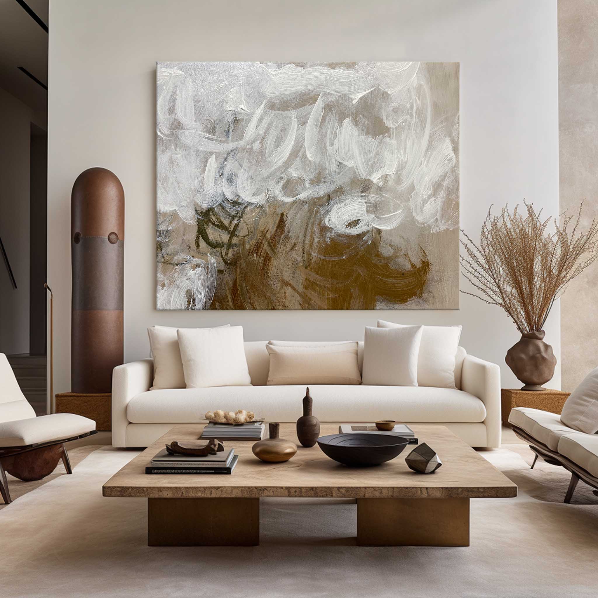 Thick Impasto Neutral Gold‑Tone Abstract Unstretched Linen Canvas Wall Art