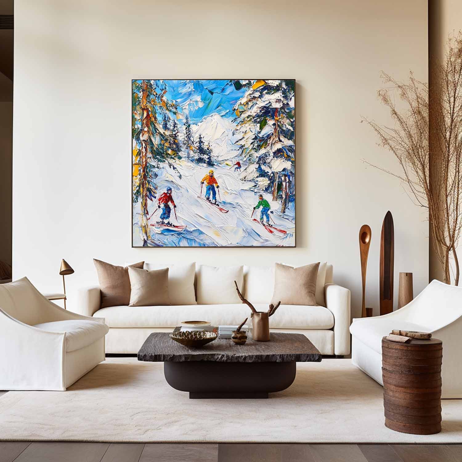 Vibrant Winter Ski Mountain Scene Bold Color Thick Impasto Textured Artwork