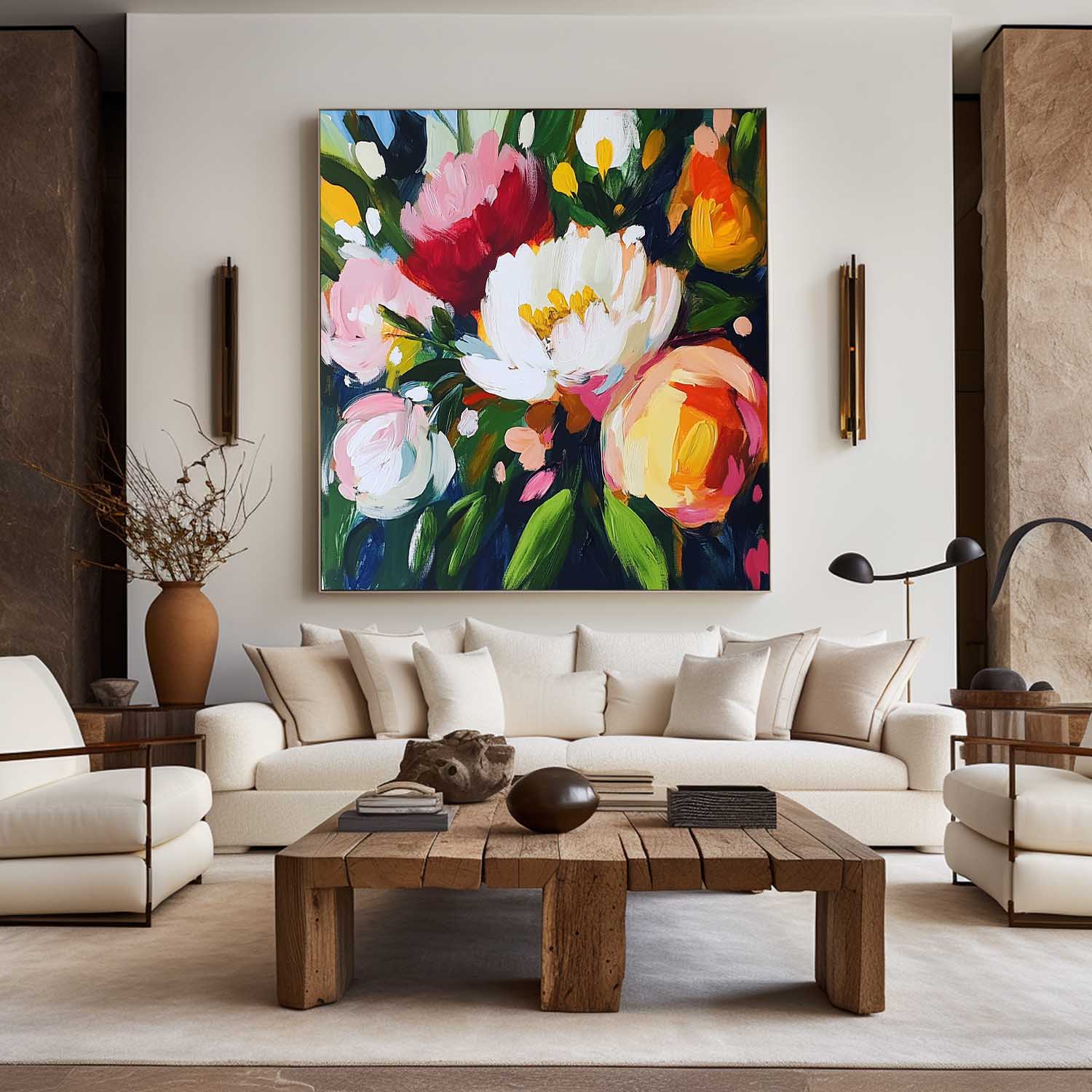 Lush Peony Bouquet Floral Vivid Pigment Thick Impasto Layered Textured Artwork