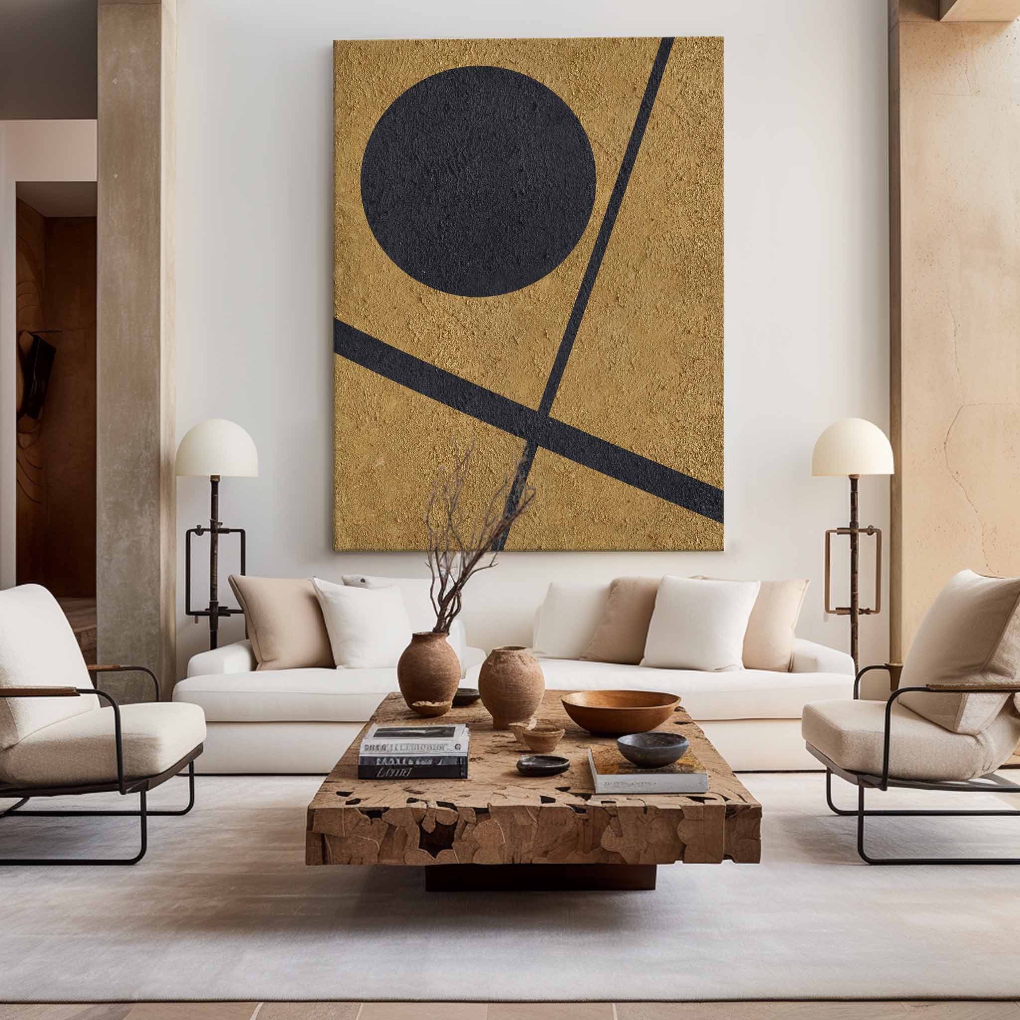 Gold‑Black Vertical Geometric Circle‑Line Coarse‑Textured Artwork
