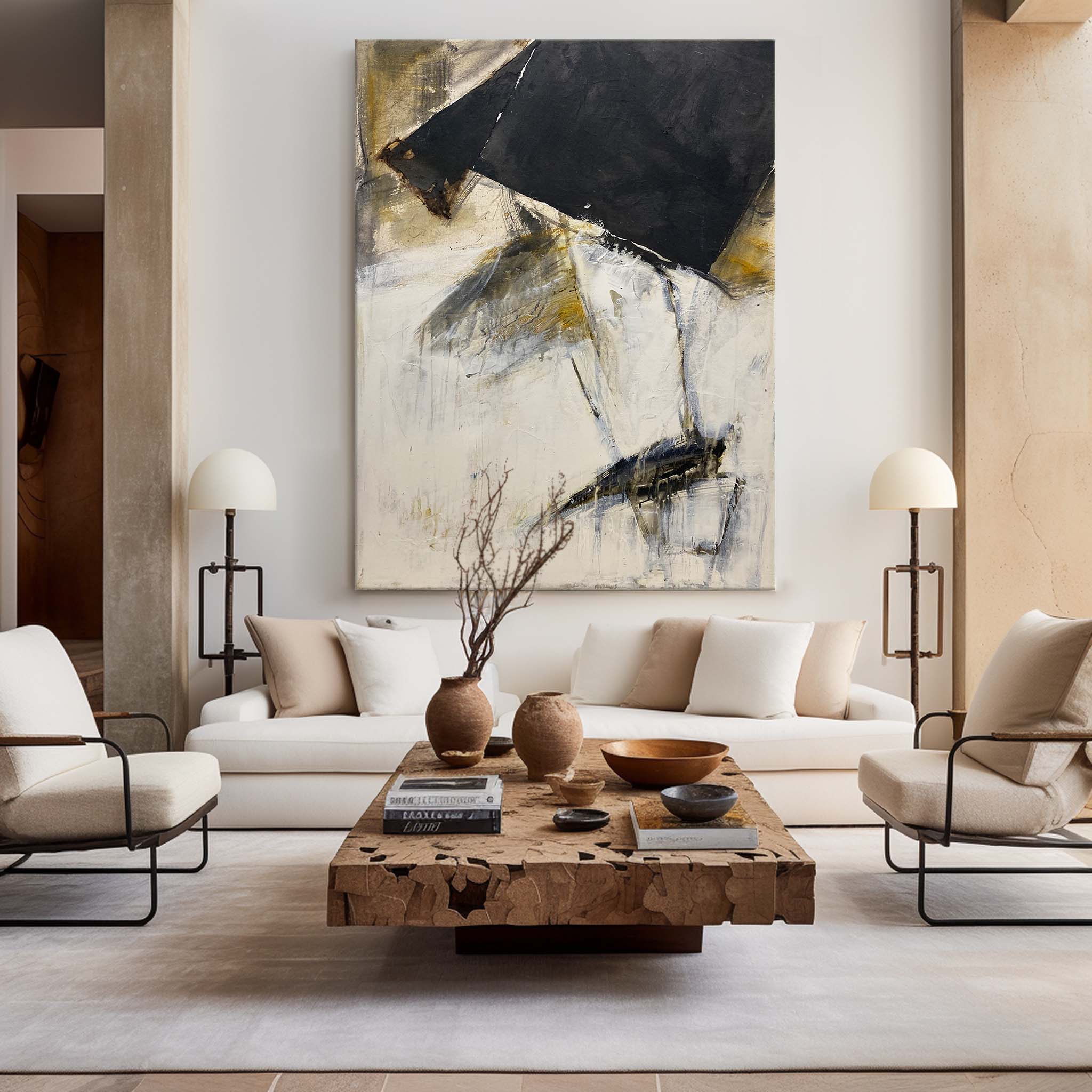 Black‑Gold Off‑White Vertical Geometric‑Fragment Impasto Artwork
