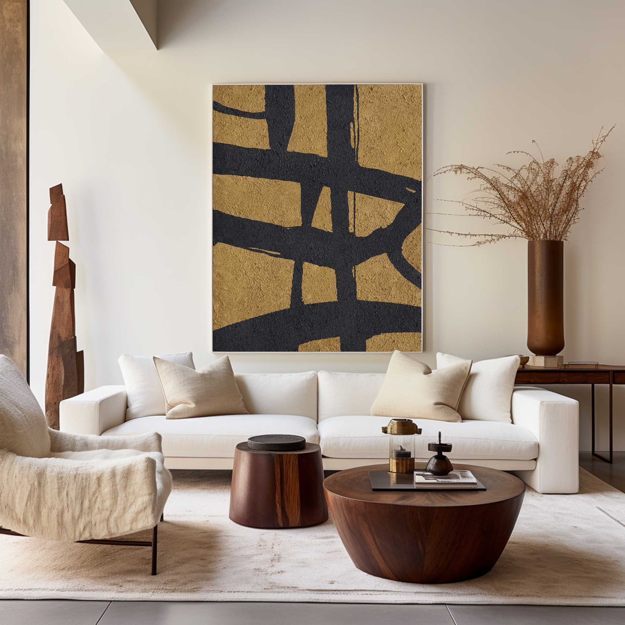 Gold‑Black Vertical Abstract Interwoven‑Line Coarse‑Textured Artwork