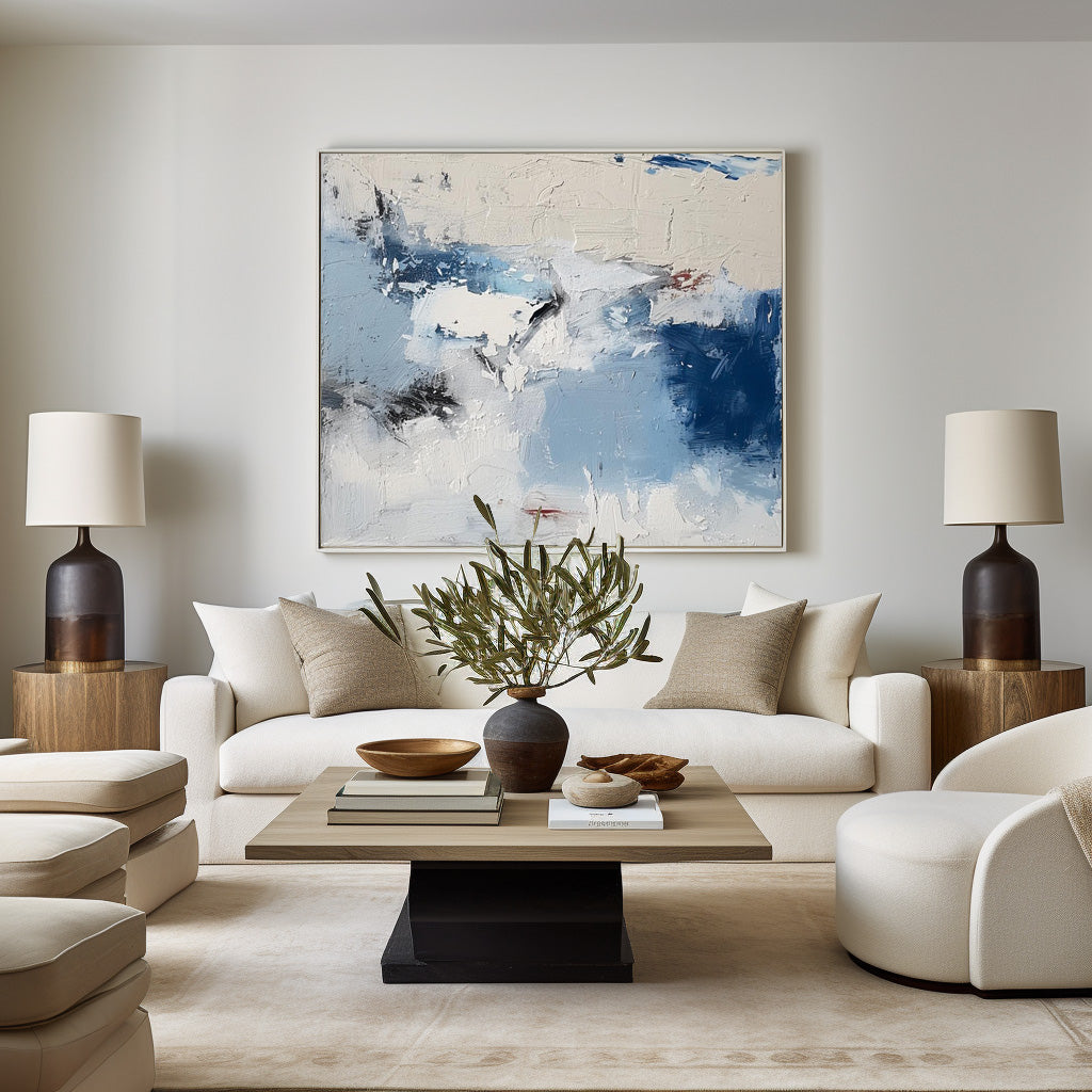 Cool‑Tone Blue‑White‑Grey Abstract Heavy Impasto Blended‑Hue Textured Artwor