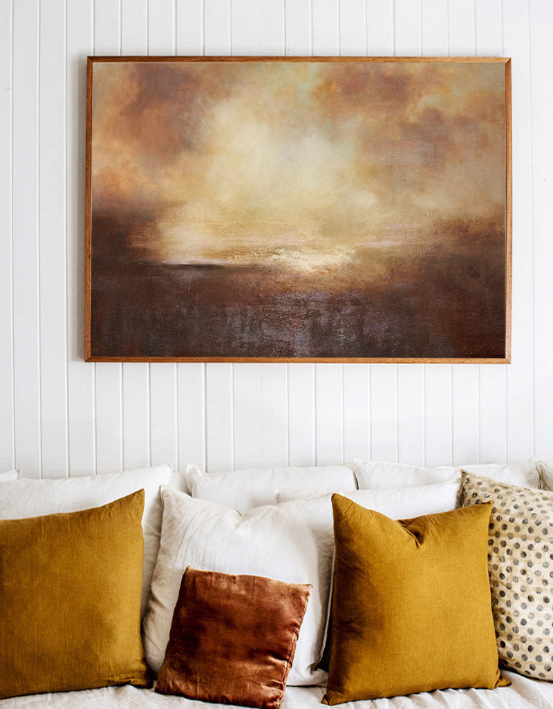 Brown‑Amber Horizontal Golden‑Sky Abstract Landscape Textured Artwork