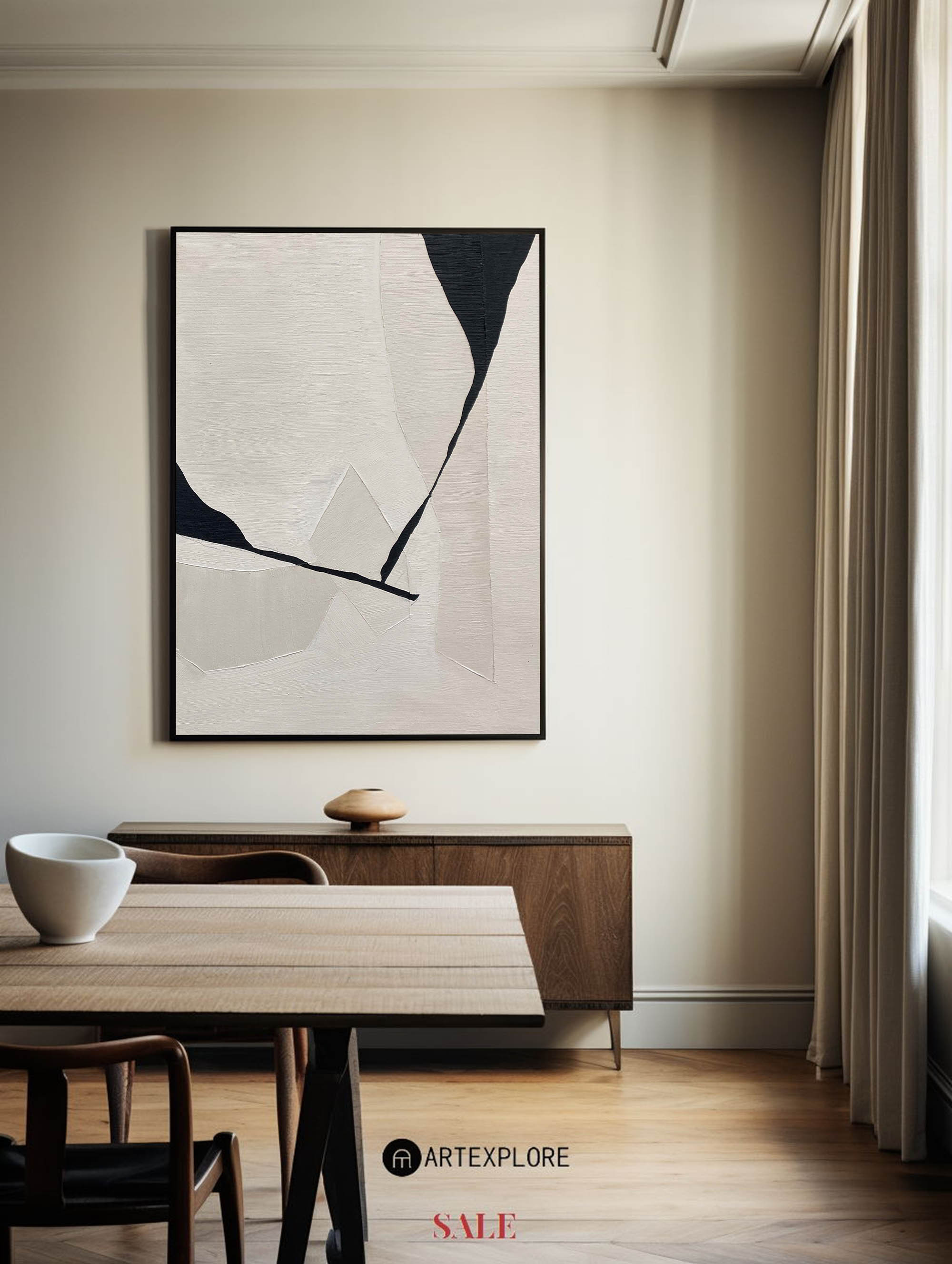 Wall Art Beige Black Geometric Abstract Textured Living Room | Neutralighting