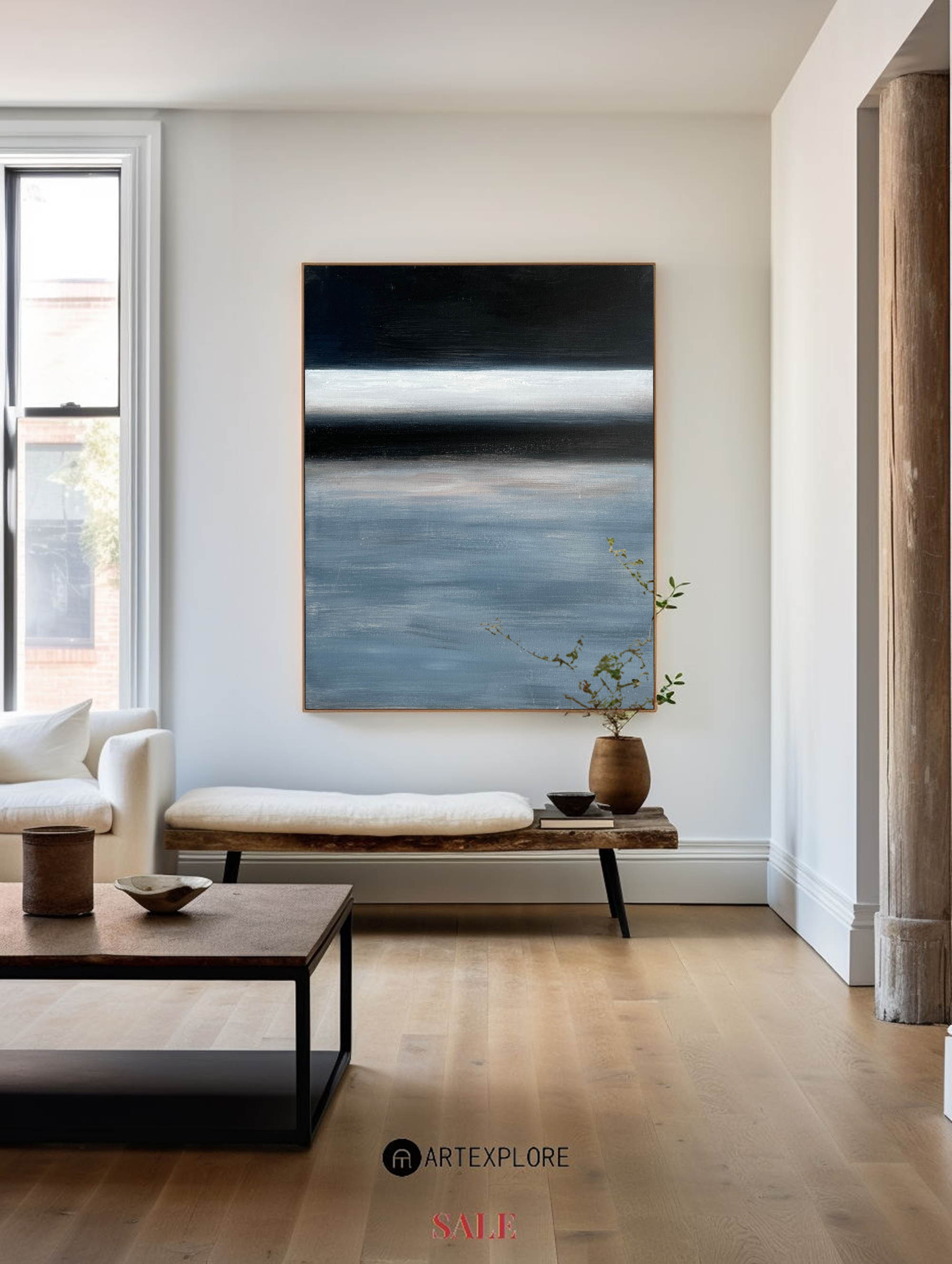 Moody Ocean Horizon Abstract Linen Canvas Wall Artwork