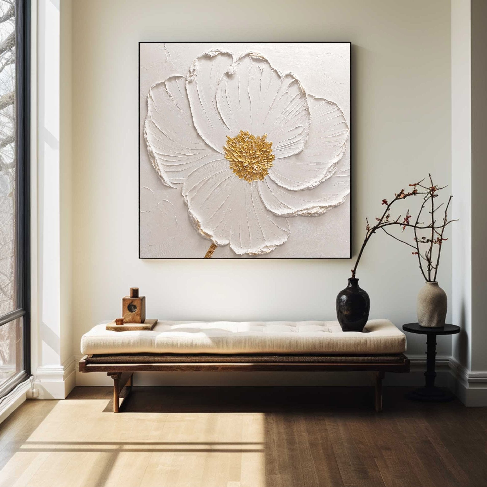 Elegant White Floral Relief Textured Wall Art