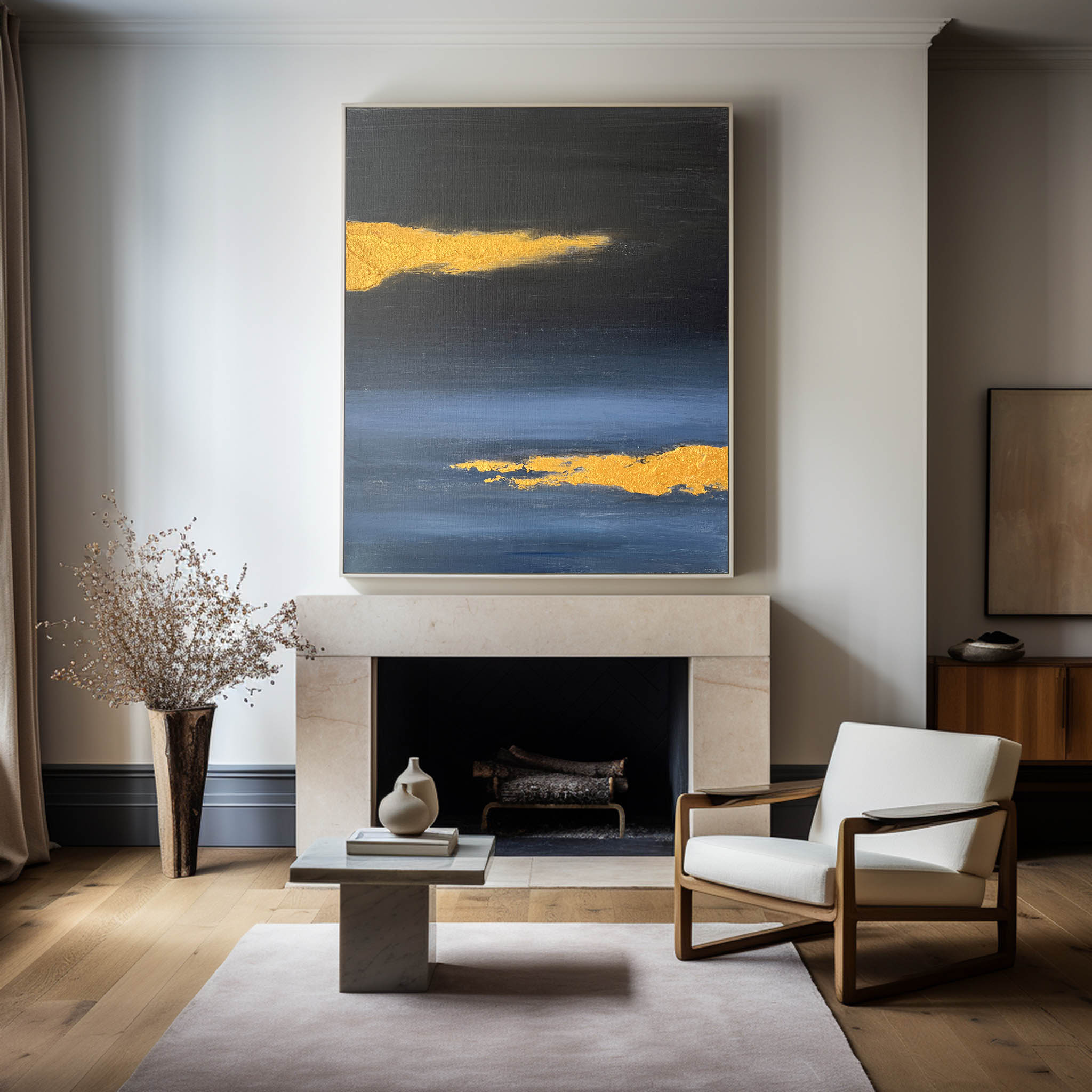 Gold Foil Night Ocean Abstract Textured Linen Canvas Wall Art