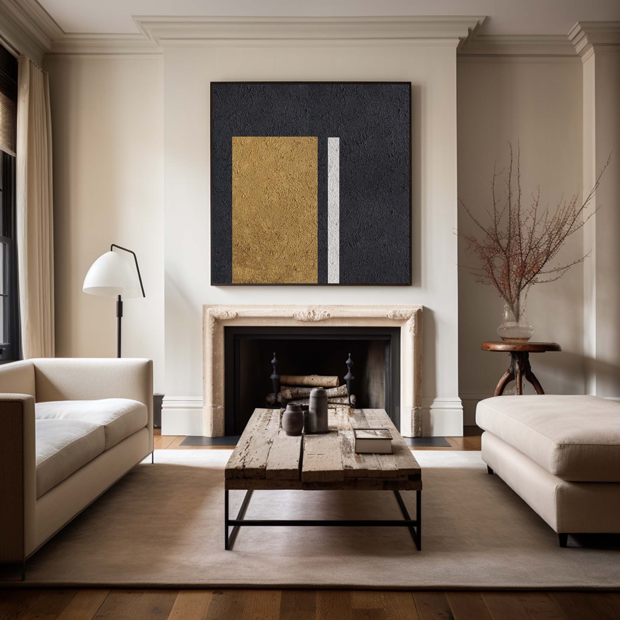 Black‑Gold‑White Square Stacked‑Rectangle Block Coarse‑Textured Artwork