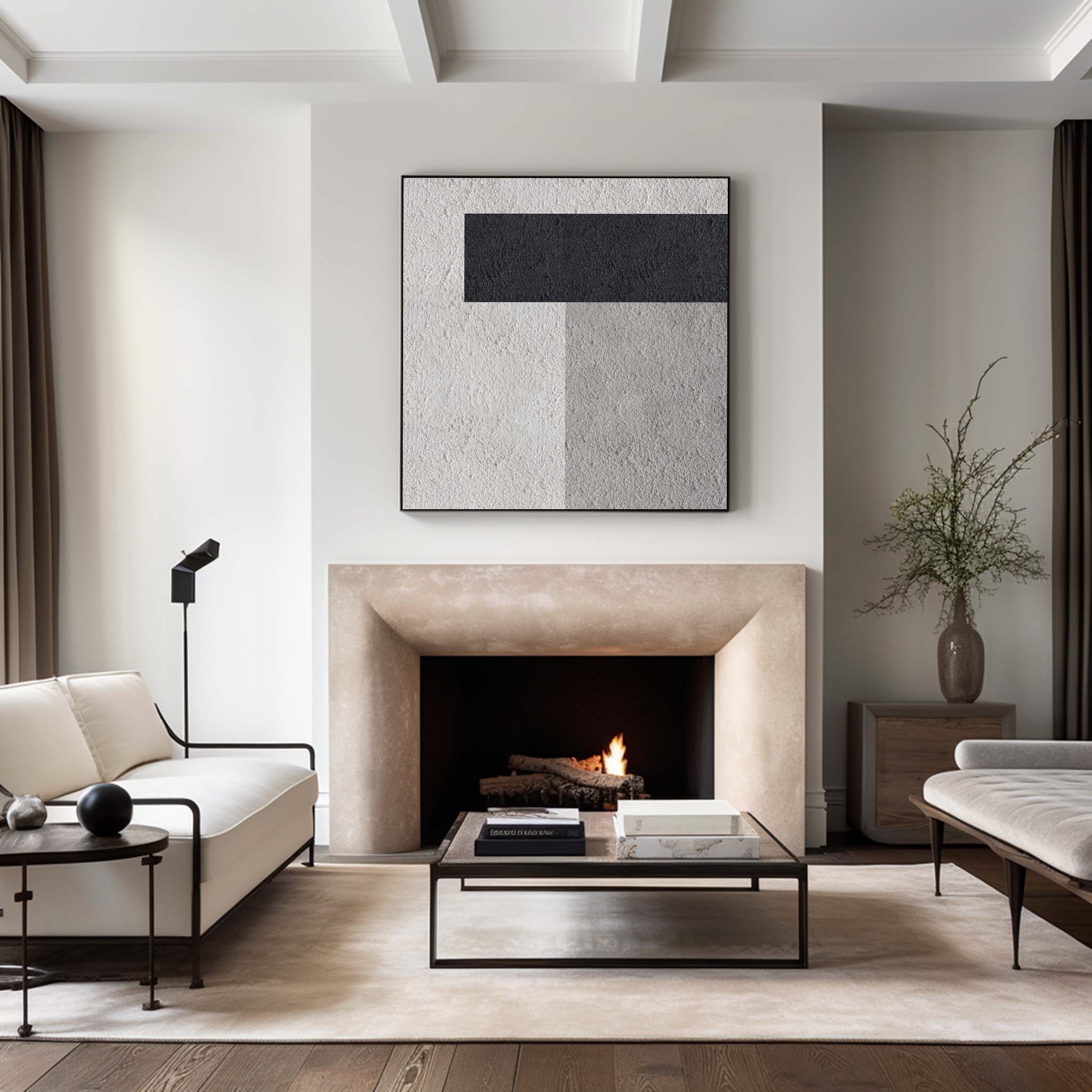 Black‑Off‑White‑Grey Square Block‑Shaped Contrast Coarse‑Textured Artwork