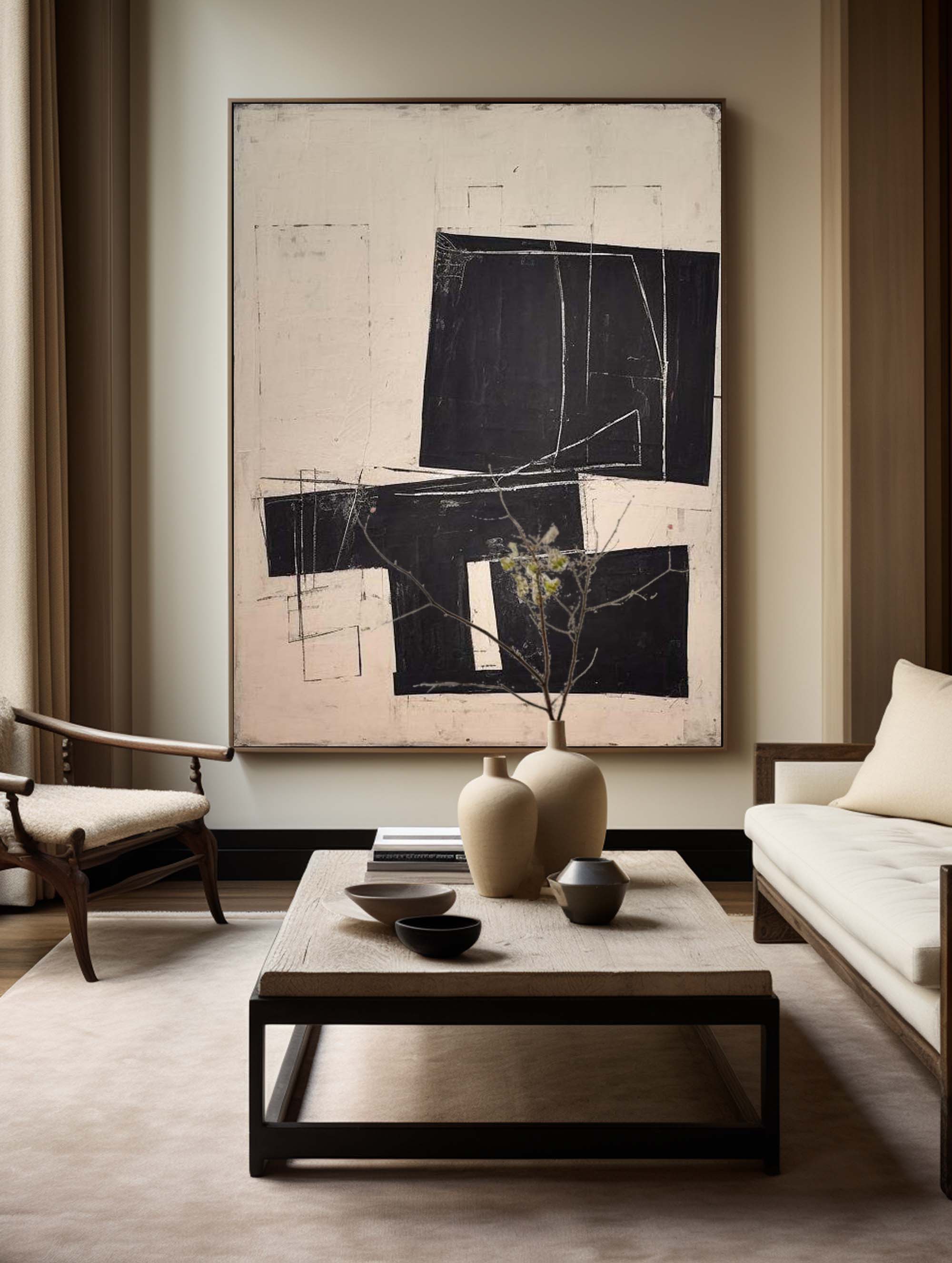 Black Beige Geometric Abstract Painting