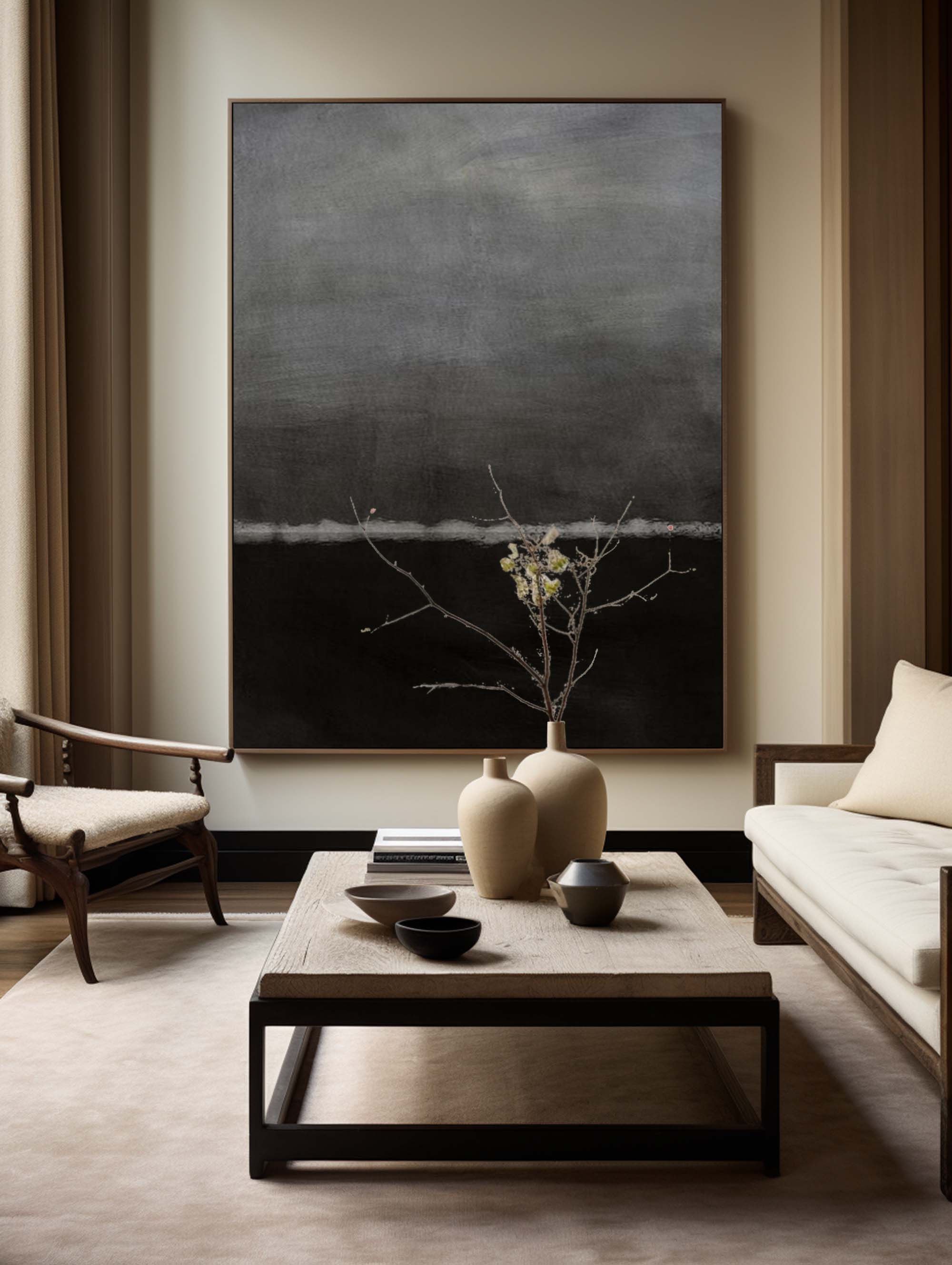Abstract Black Gray Nocturnal Moonlit Horizon Oil Acrylic Linen Canvas Painting