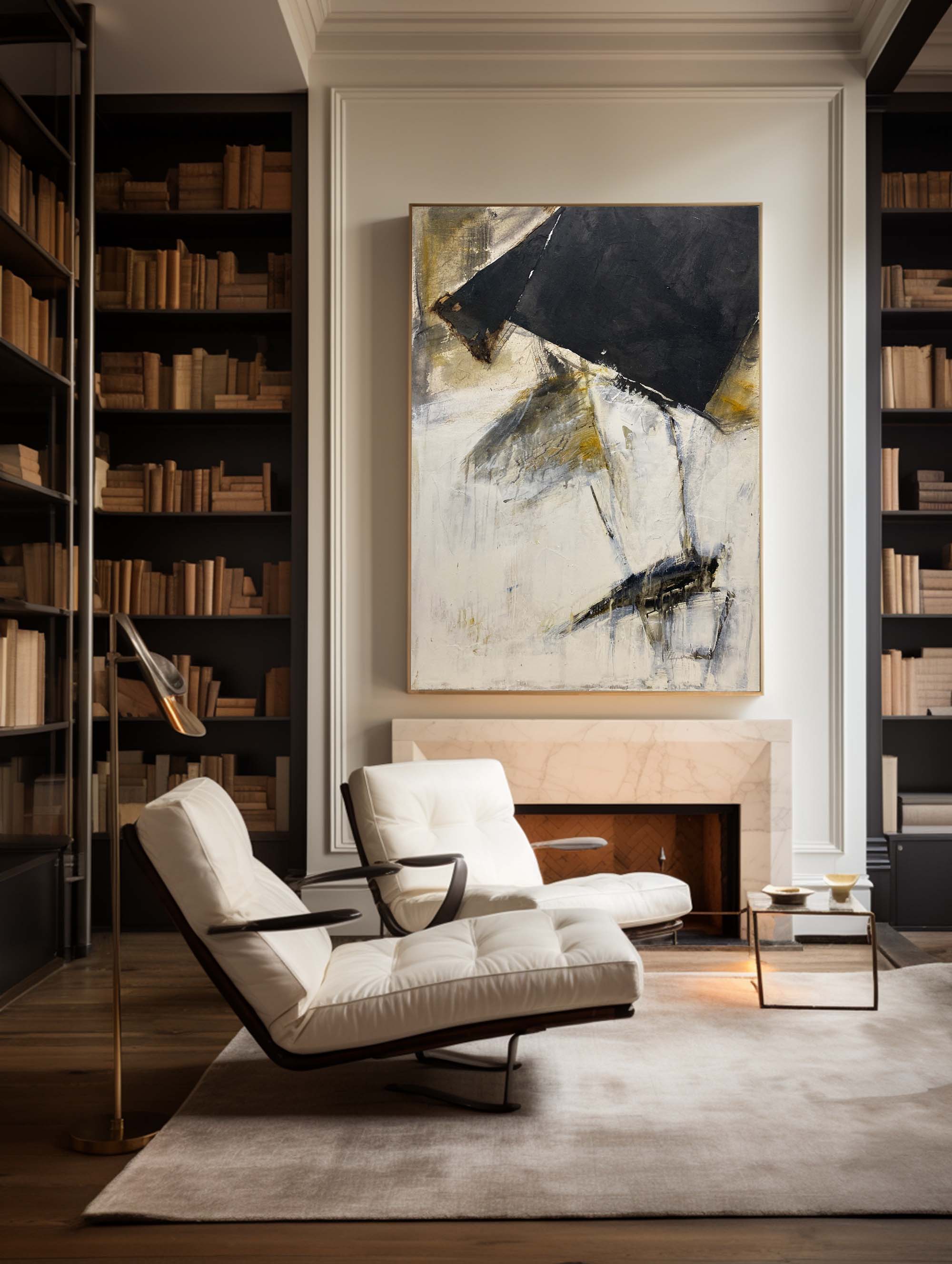 Black‑Gold Off‑White Vertical Geometric‑Fragment Impasto Artwork