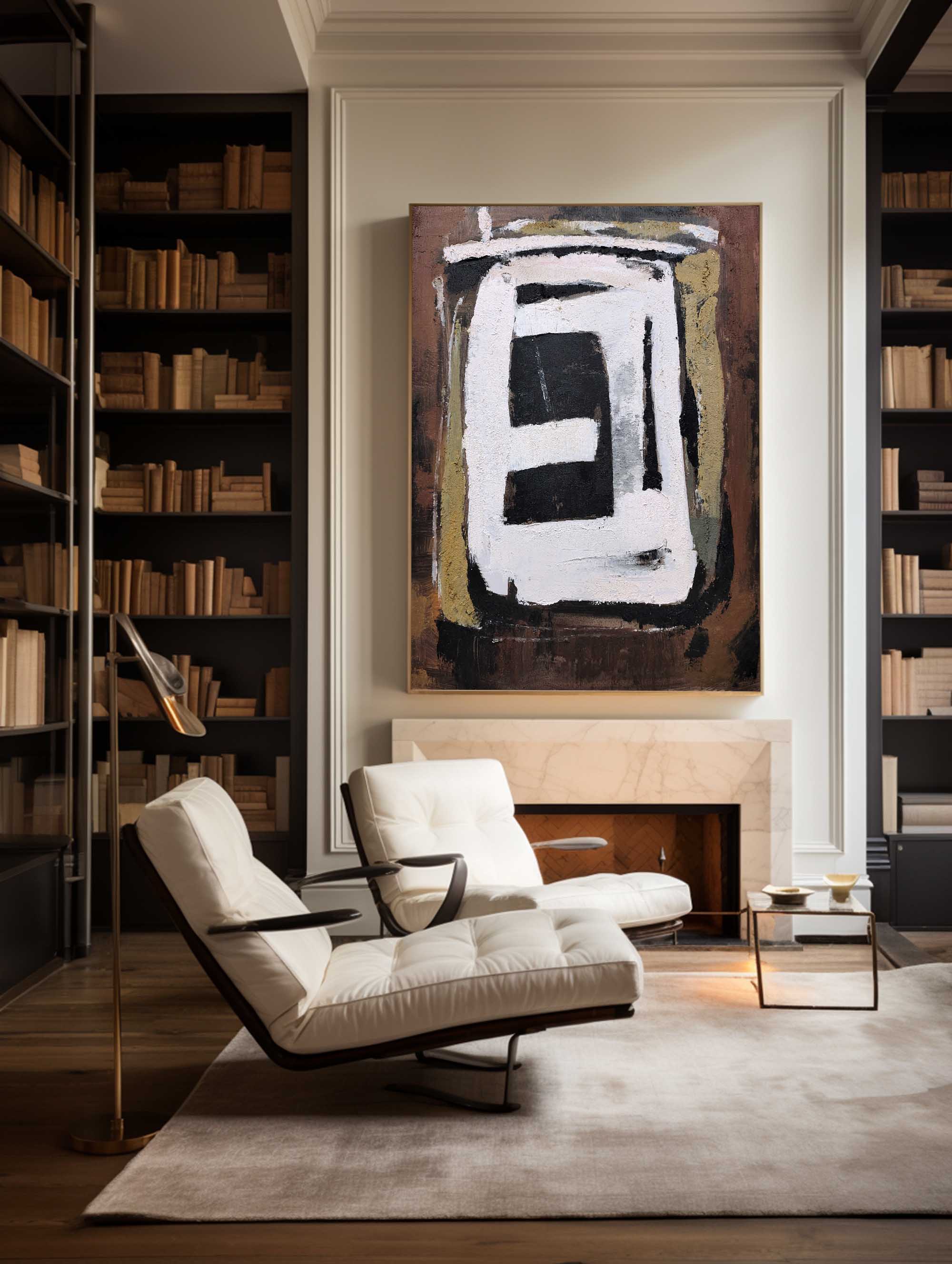 Abstract Black White Beige Geometric Oil Painting