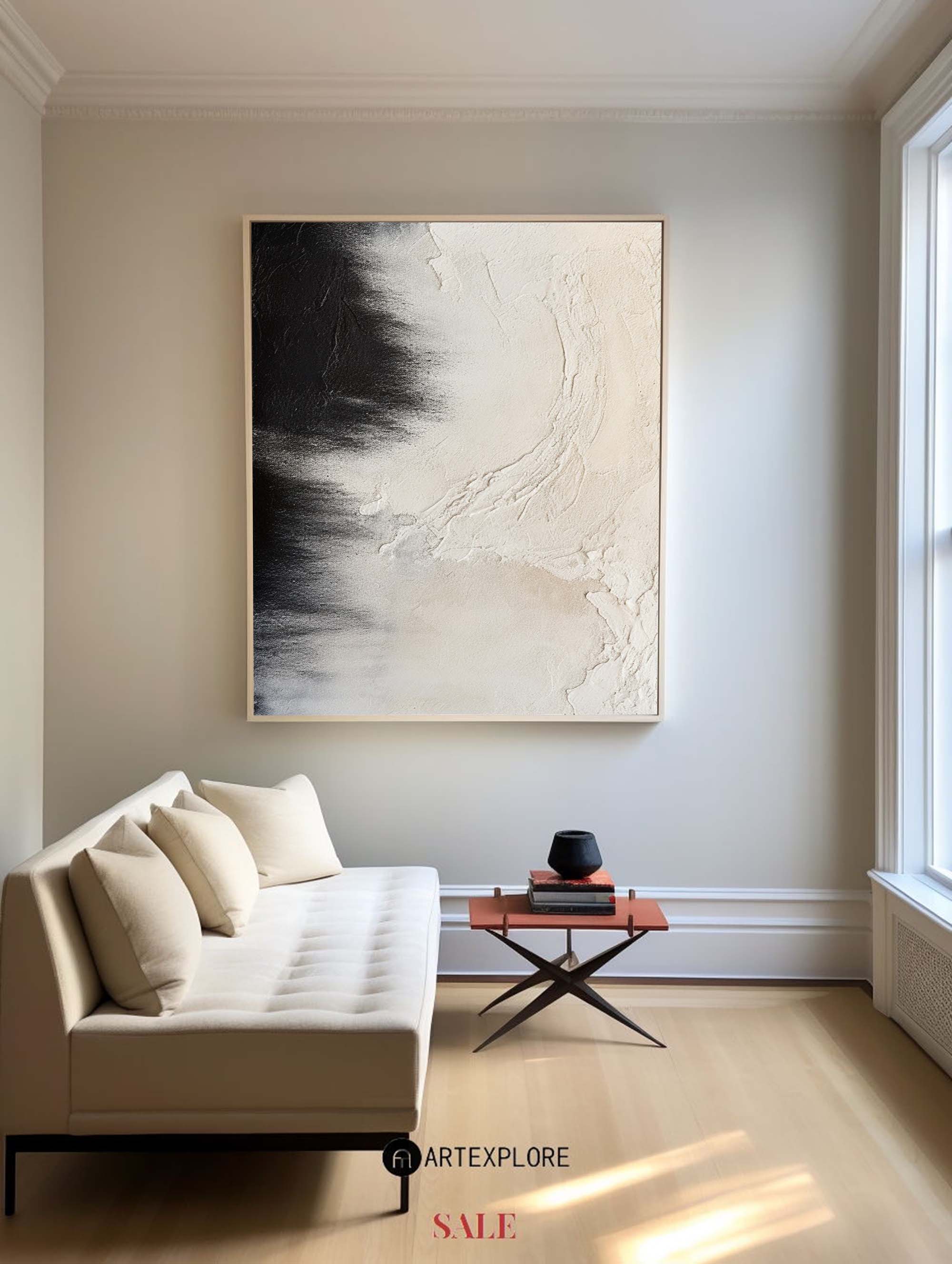 Black Beige Impasto Abstract Canvas Art