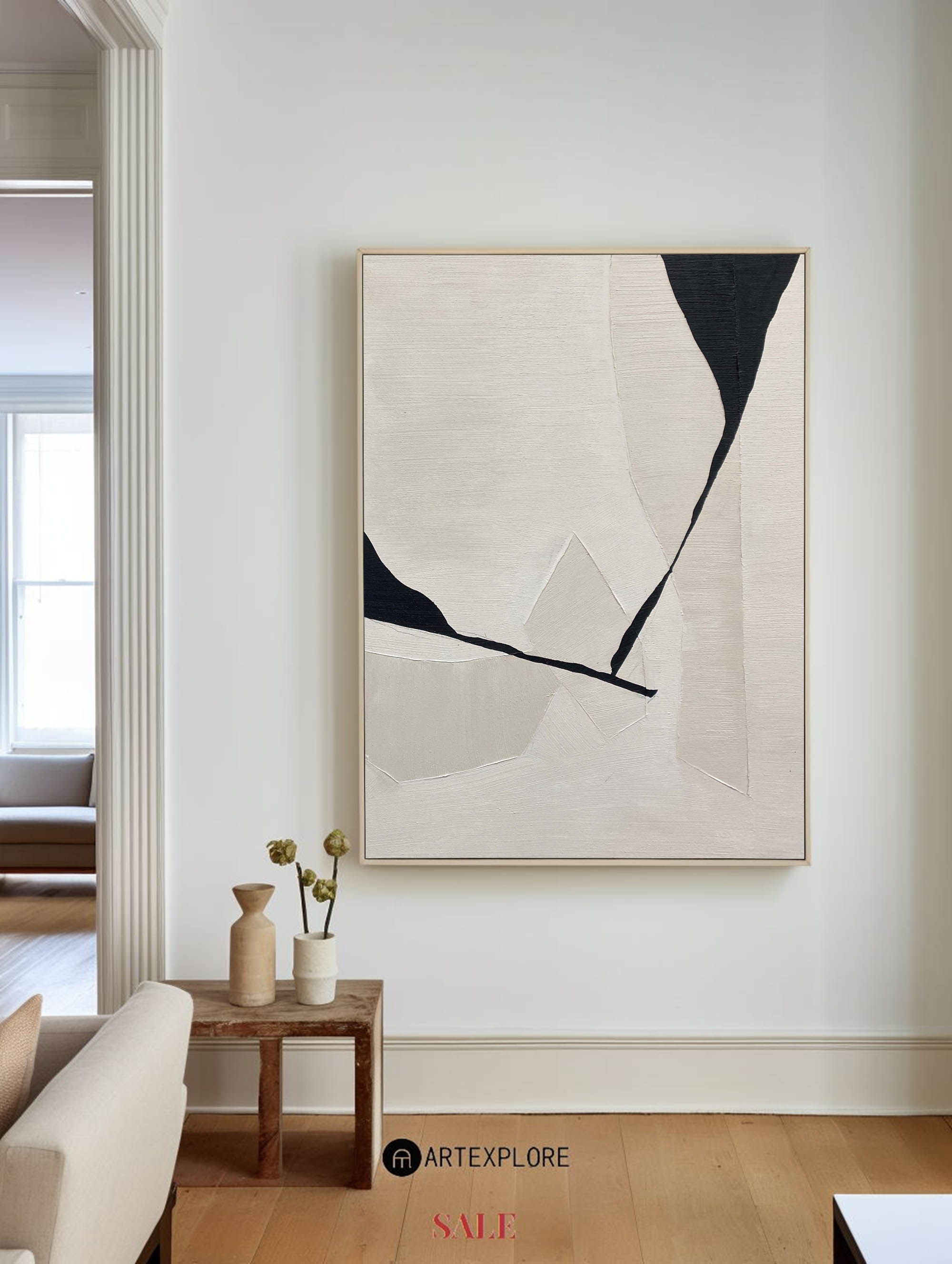 Wall Art Beige Black Geometric Abstract Textured Living Room | Neutralighting