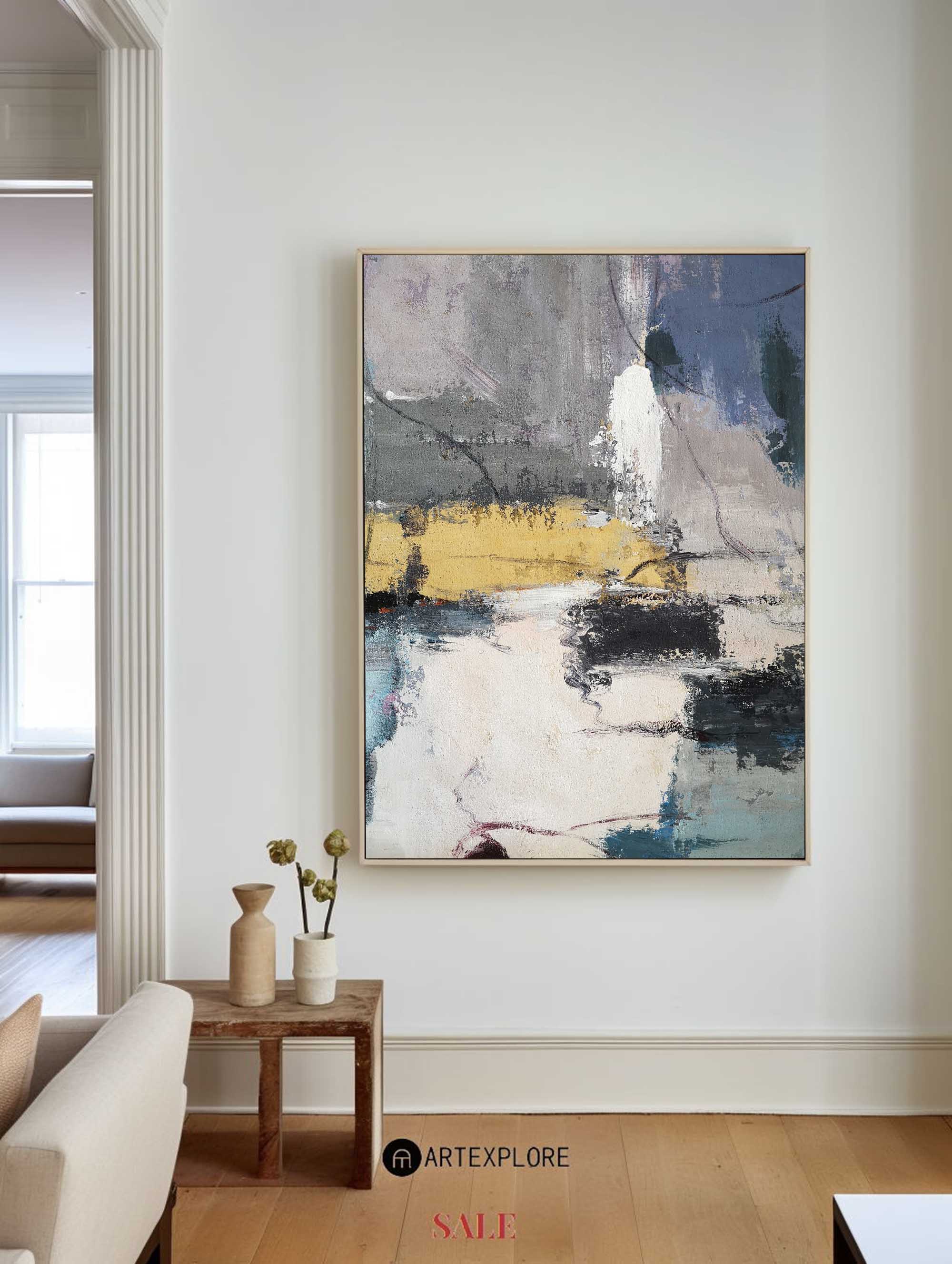 Grey‑Gold Cream‑Tone Vertical Block‑Layer Impasto Textured Artwork