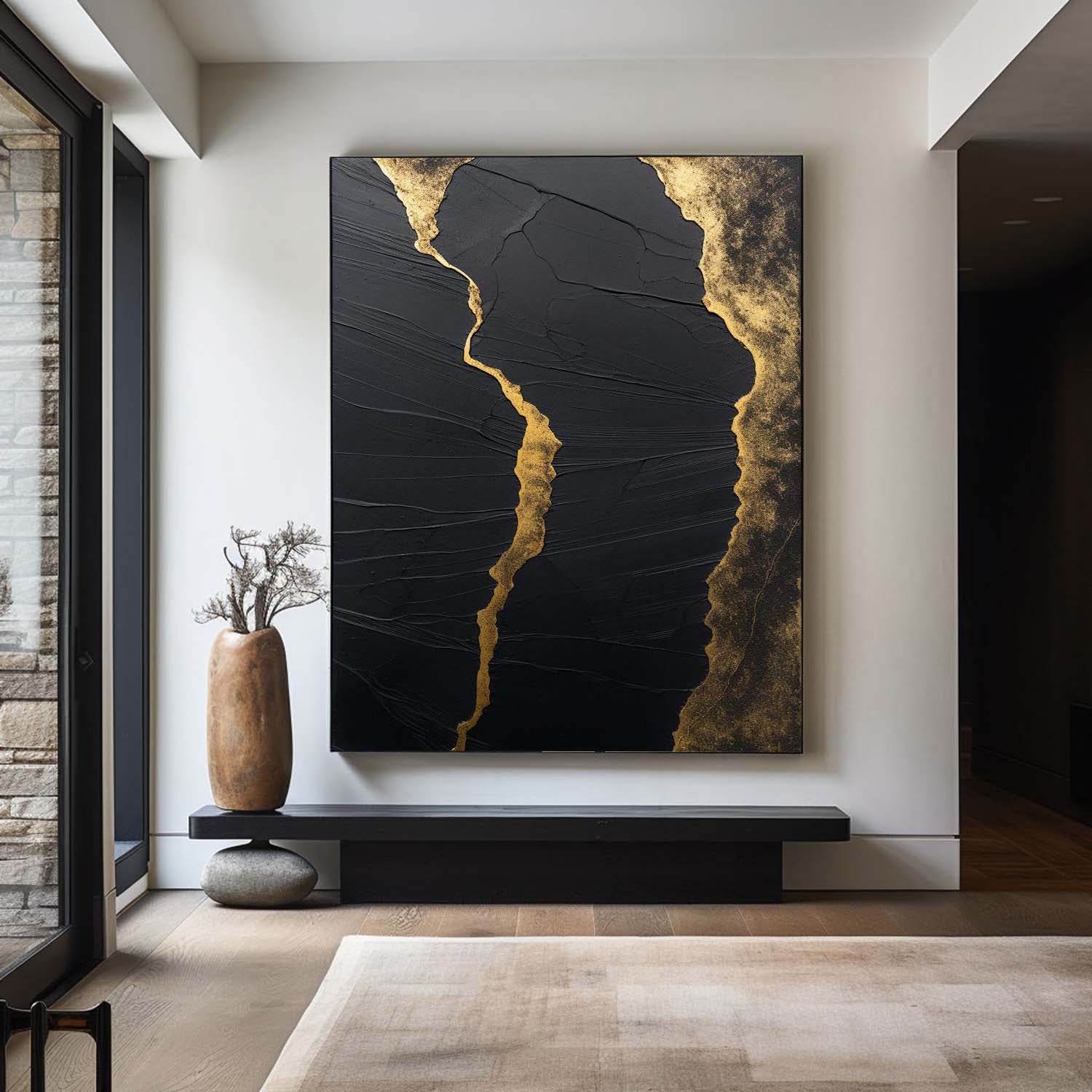 Luxury Black‑Gold Vein Abstract Heavy Impasto Metallic Textured Artwork