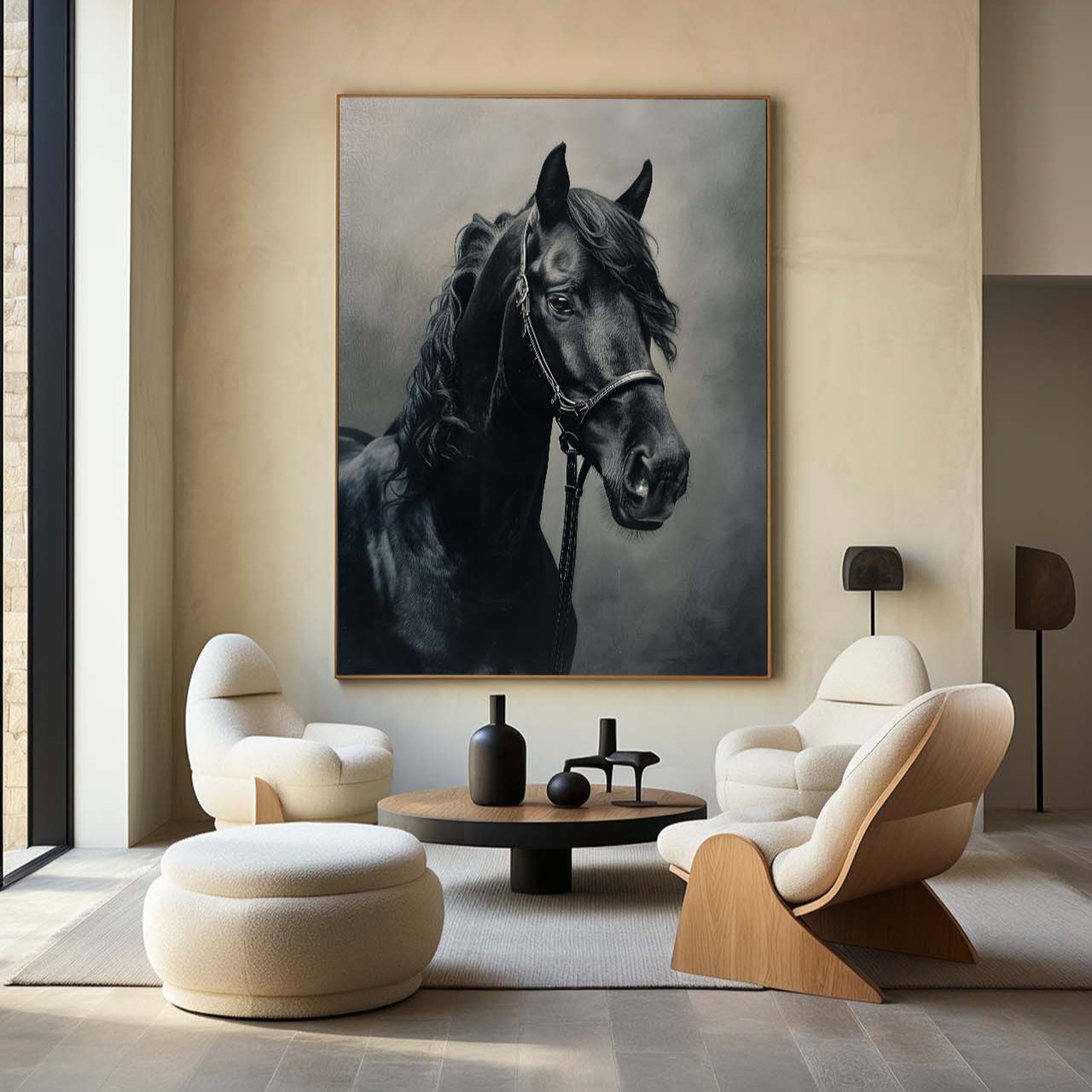 Lifelike Black Horse Portrait Dark‑Tone Realistic Detailed Textured Artwork