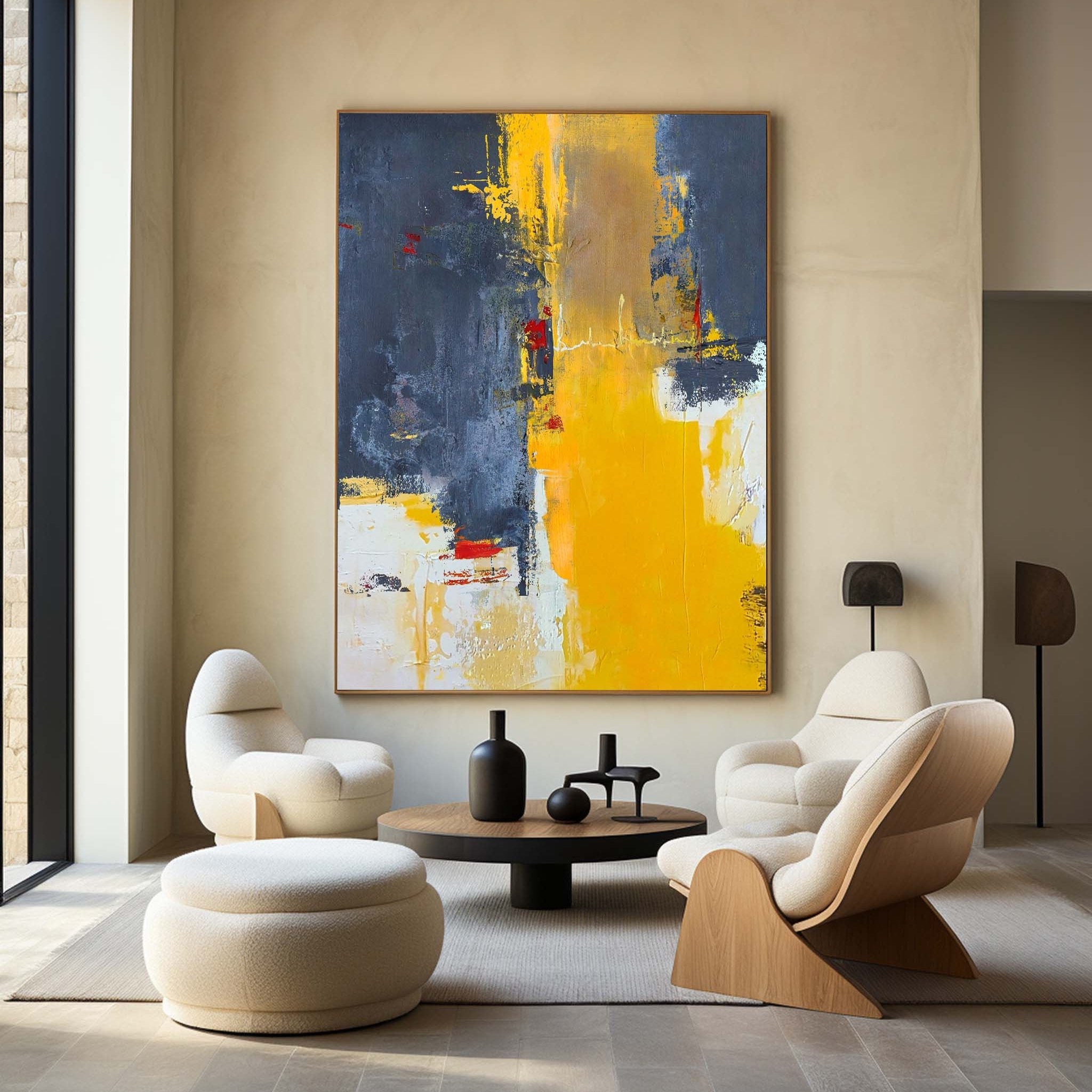 Bold Yellow‑Grey Abstract Vertical Canvas Art