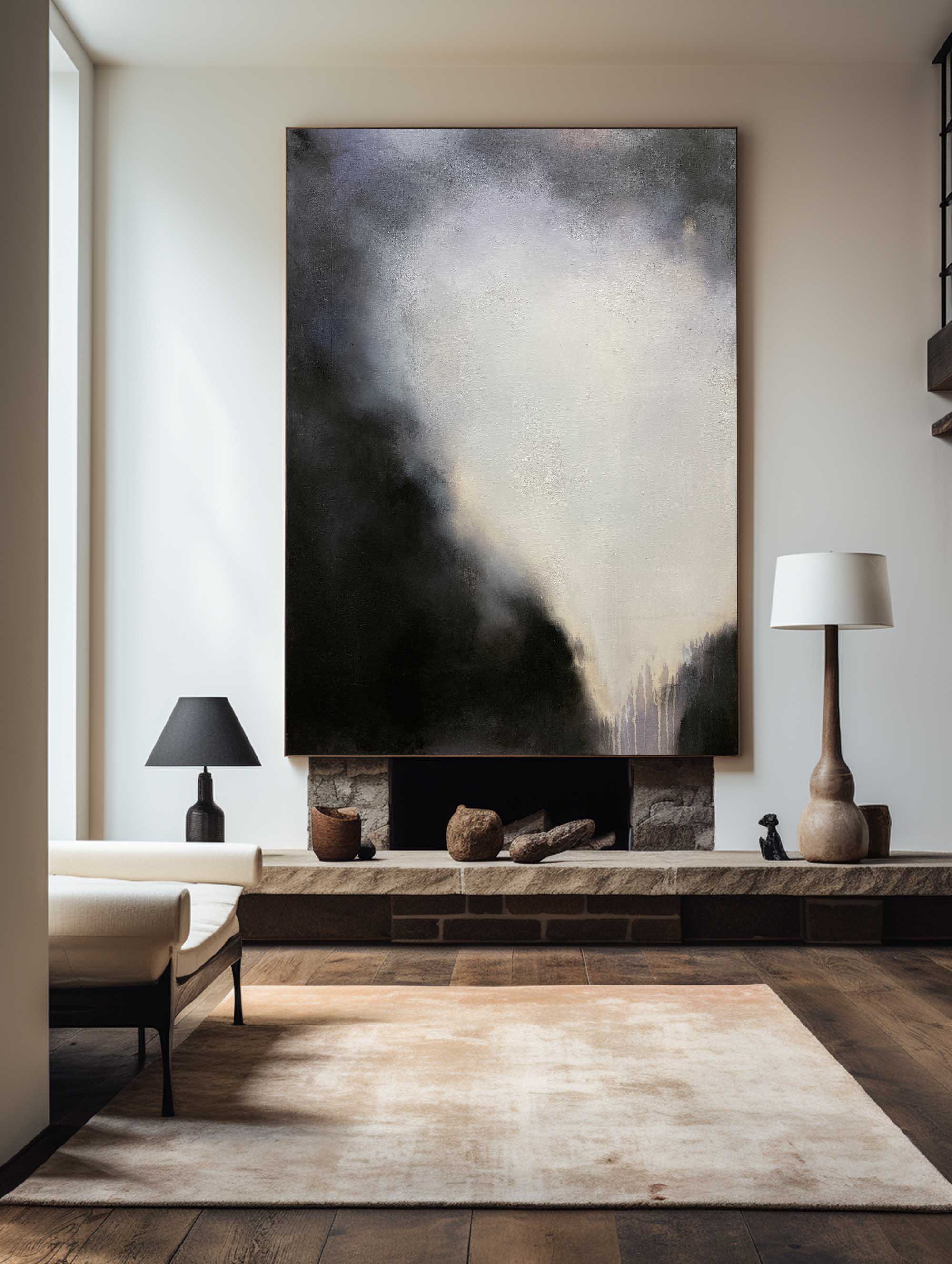 Black‑Off‑White Vertical Mist‑Blend Impasto‑Textured Artwork