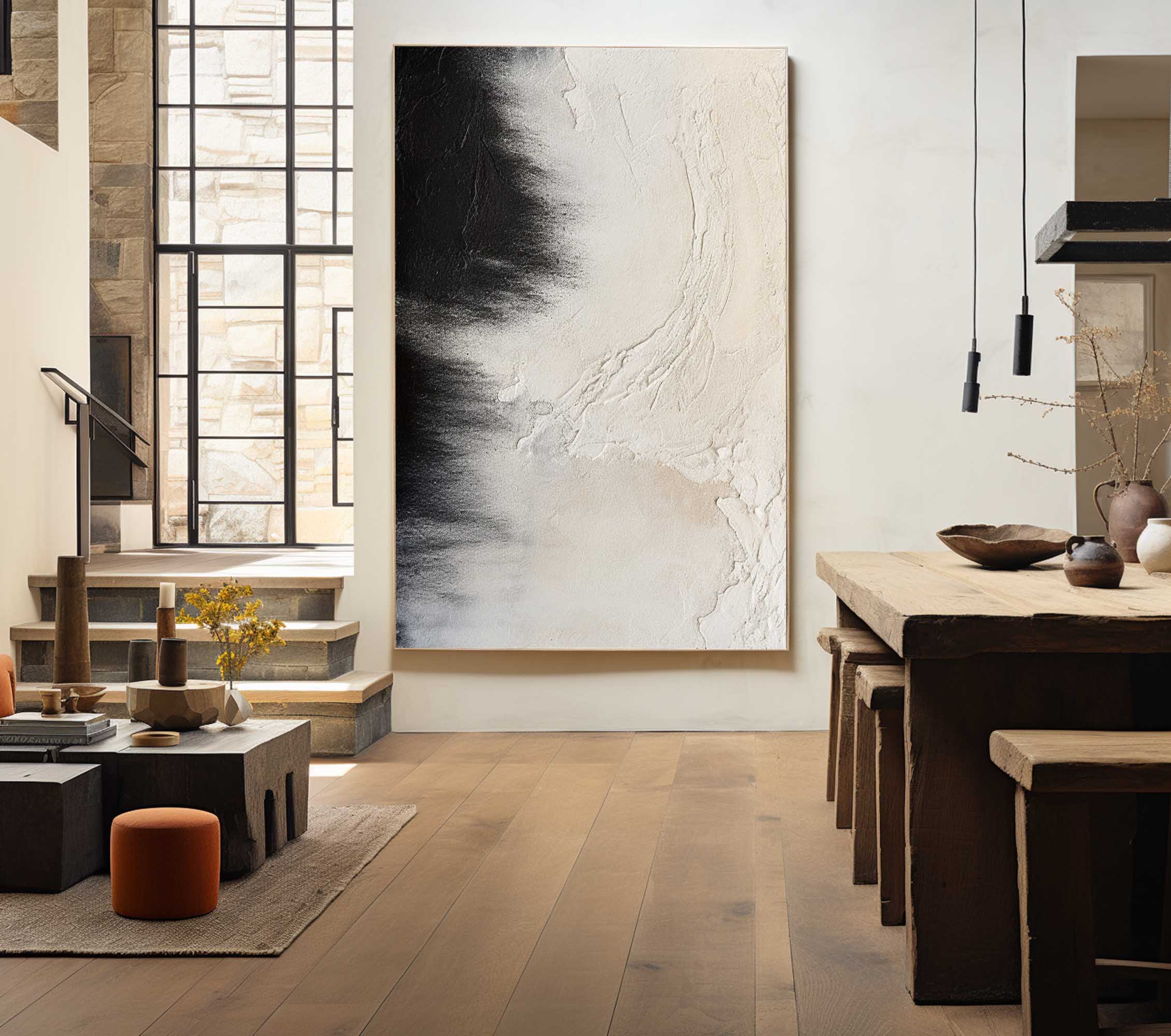 Black Beige Impasto Abstract Canvas Art