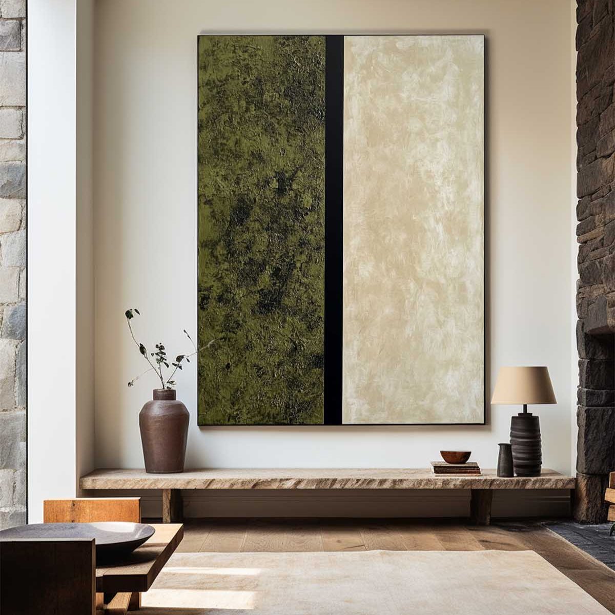 Olive Green Beige Minimalist Abstract Painting