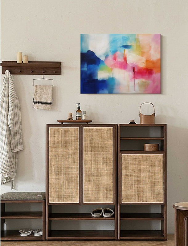 Vibrant Blue Pink Abstract Oil Painting