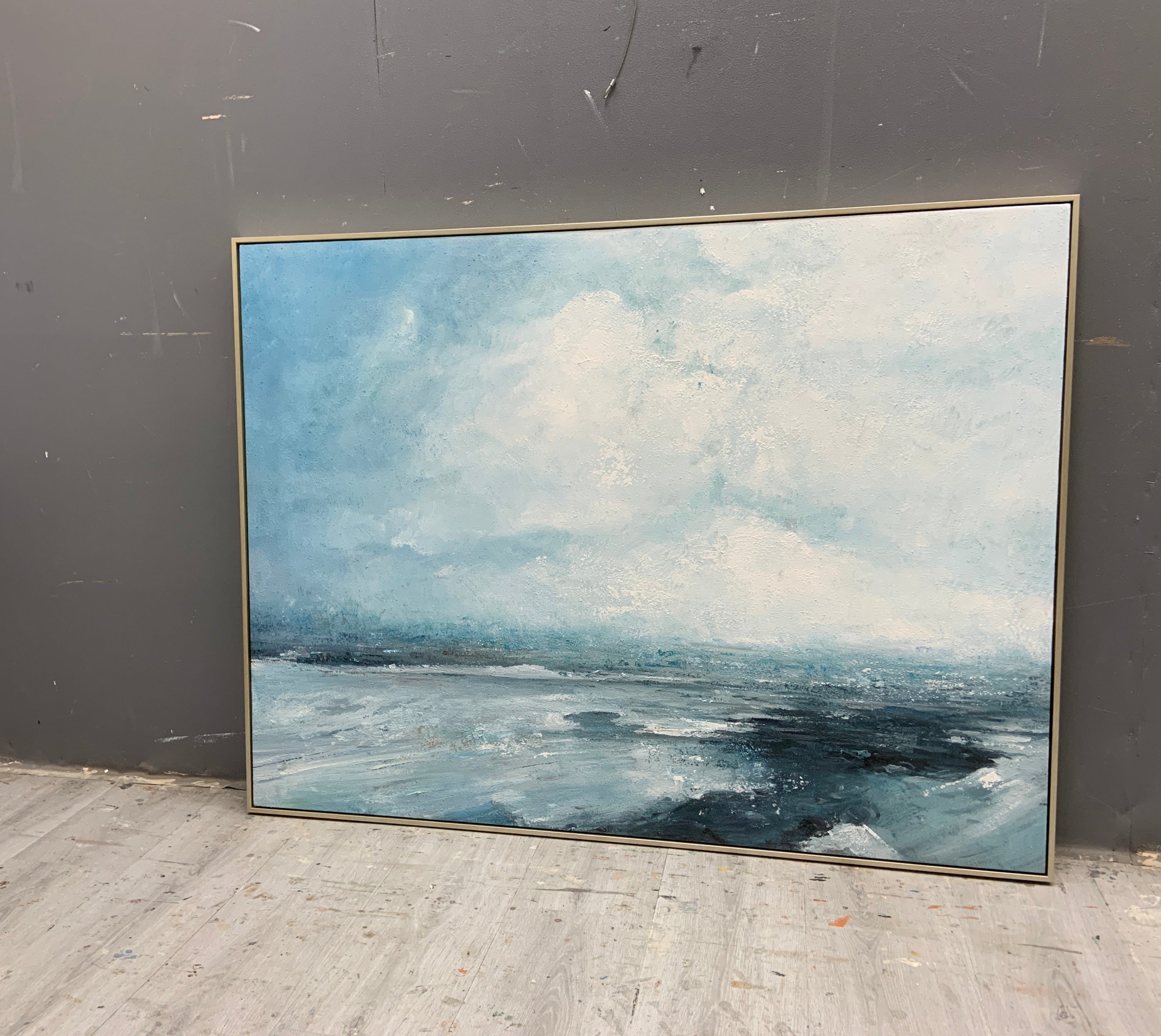 Serene Mist‑Shrouded Seascape Cool‑Tone Soft‑Layer Textured Artwork