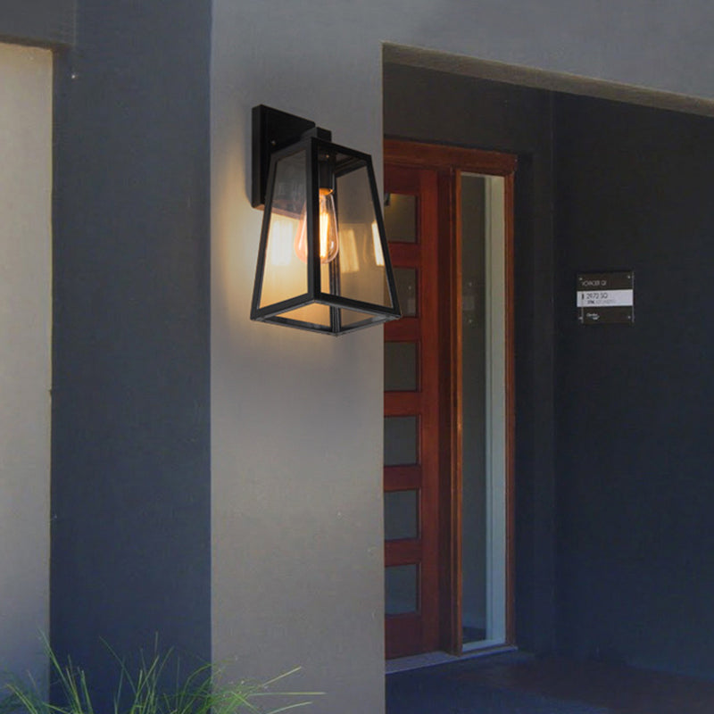 Austin Retro Black Industrial Lantern Wall Lamp, Metal & Glass - Neutralighting
