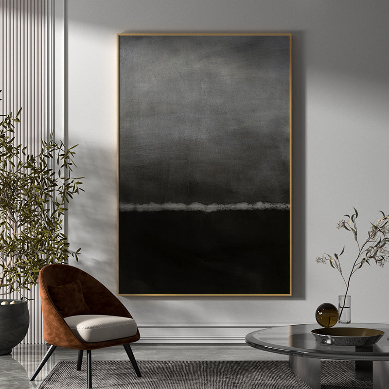 Abstract Black Gray Nocturnal Moonlit Horizon Oil Acrylic Linen Canvas Painting