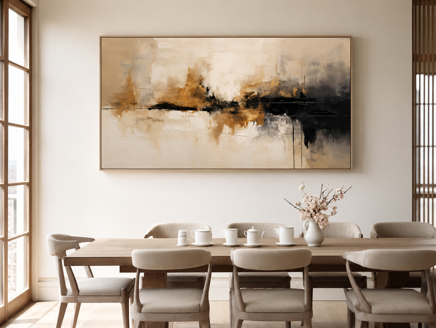 Beige‑Black‑Gold Horizontal Abstract  Blended Brush‑Stroke Textured Artwork