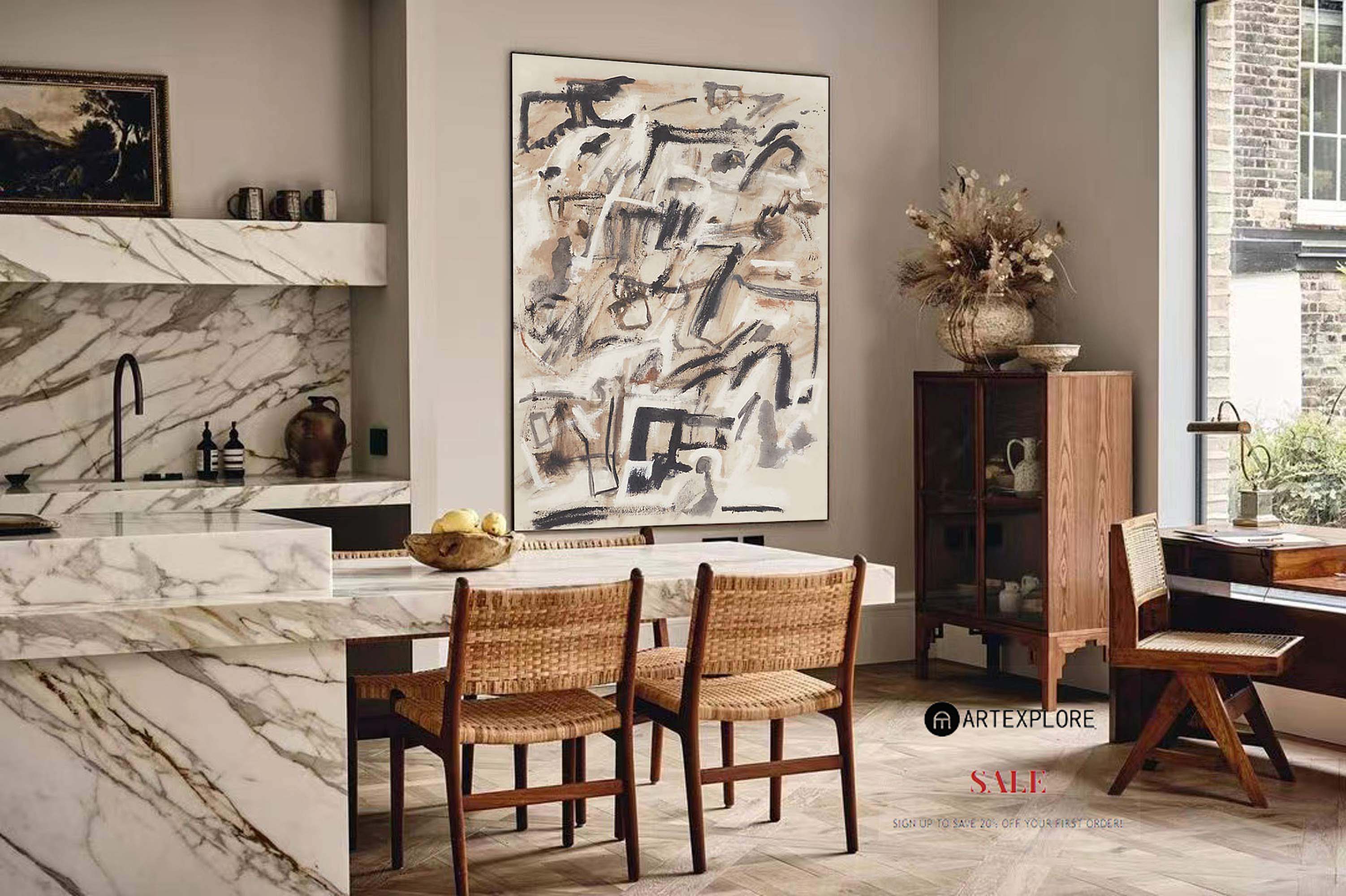 Warm Beige Black Brushstroke Abstract Canvas Art