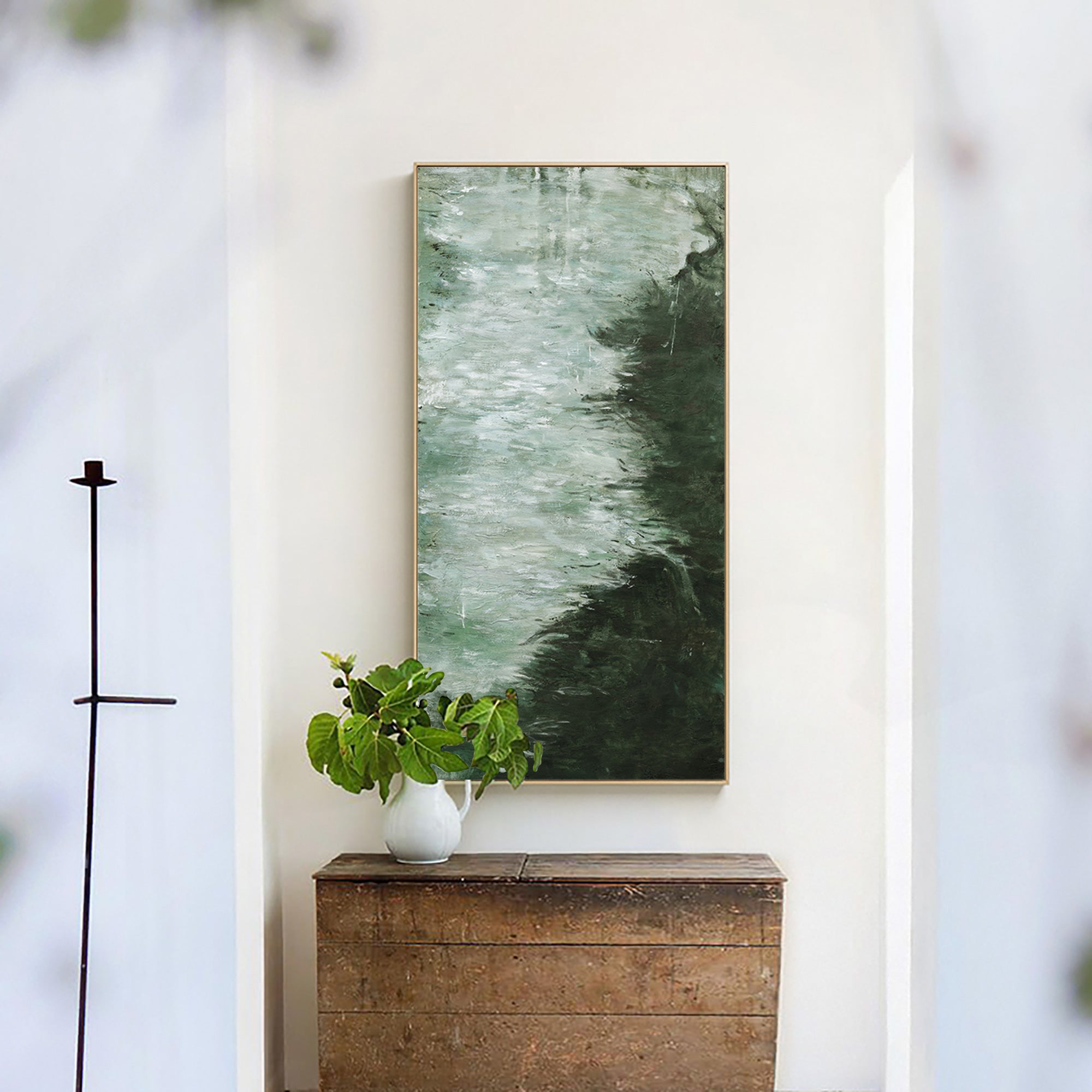 Deep‑Green Vertical Marble‑Wash Layer‑Textured Framed Artwork