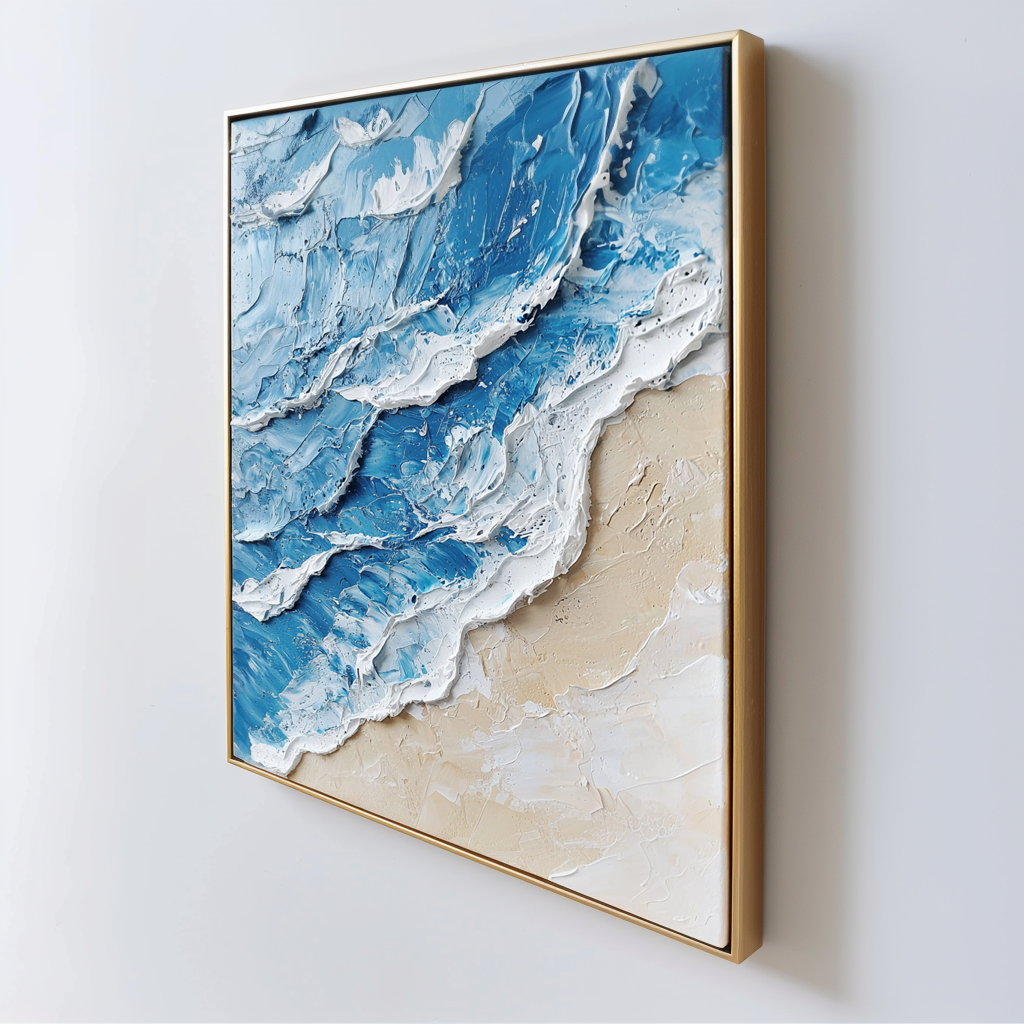 Seashore Wave Abstract Blue‑Beige Palette Heavy Raised Tactile Textured Artwork