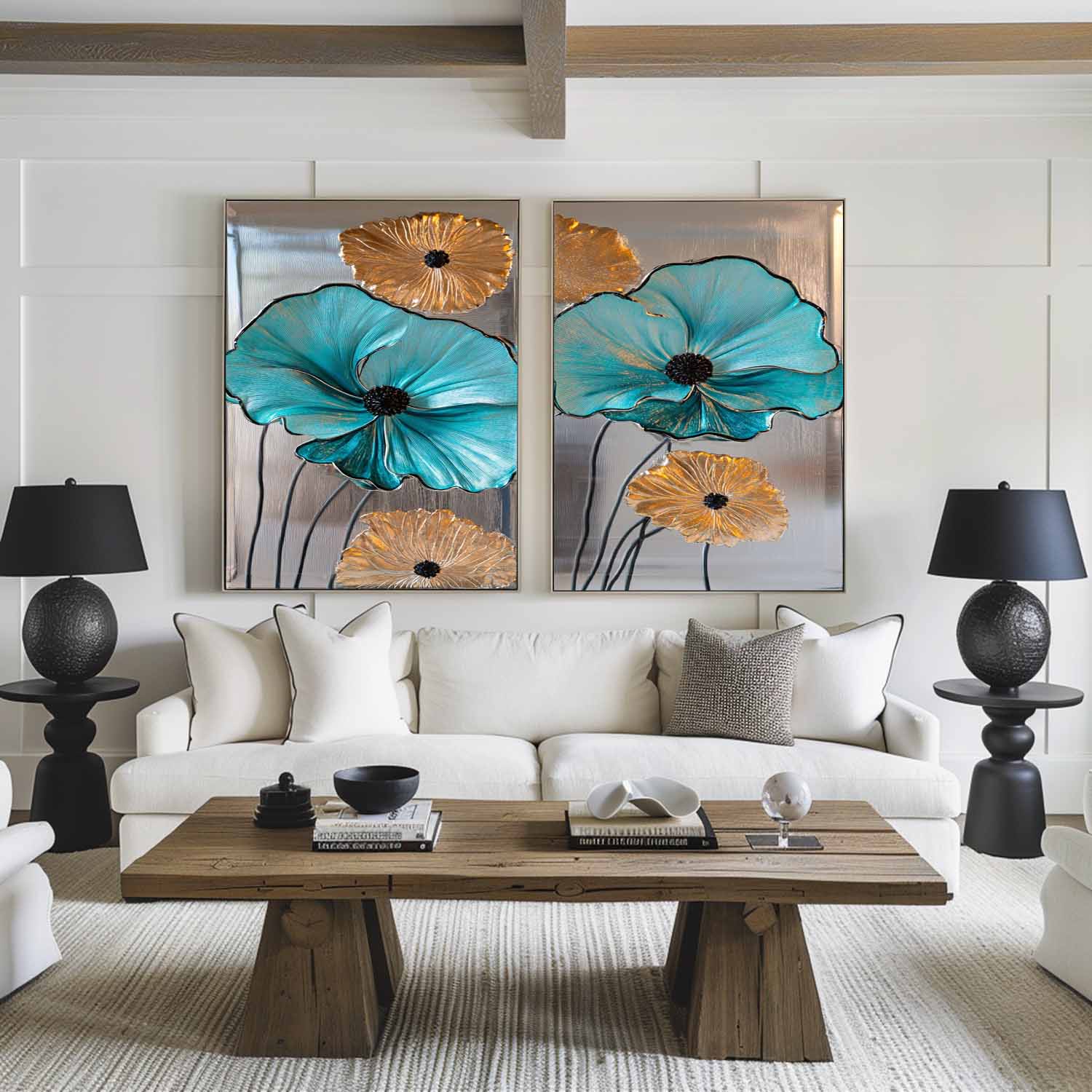 Teal and Gold Floral Canvas Wall Art Set