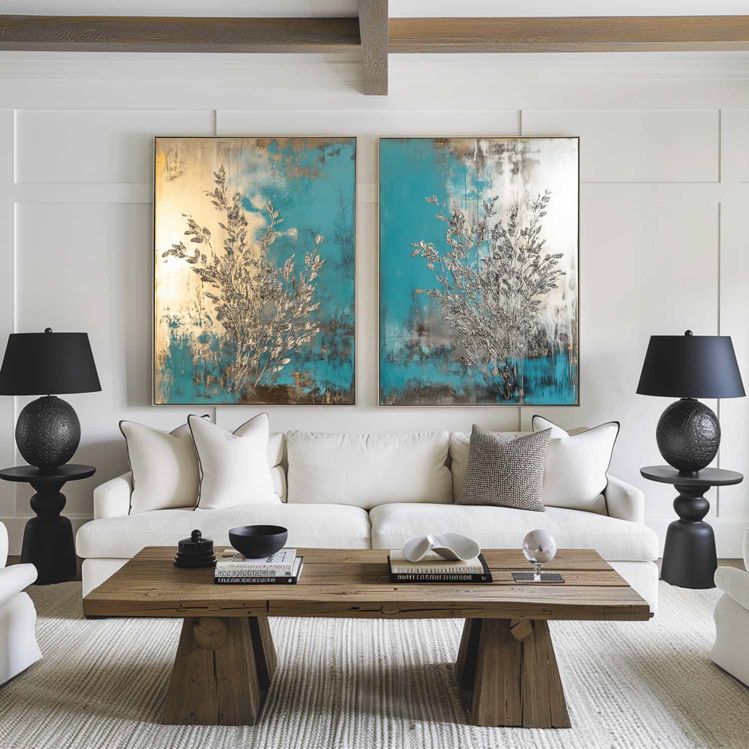 Teal Gold Abstract Diptych Textured Painting