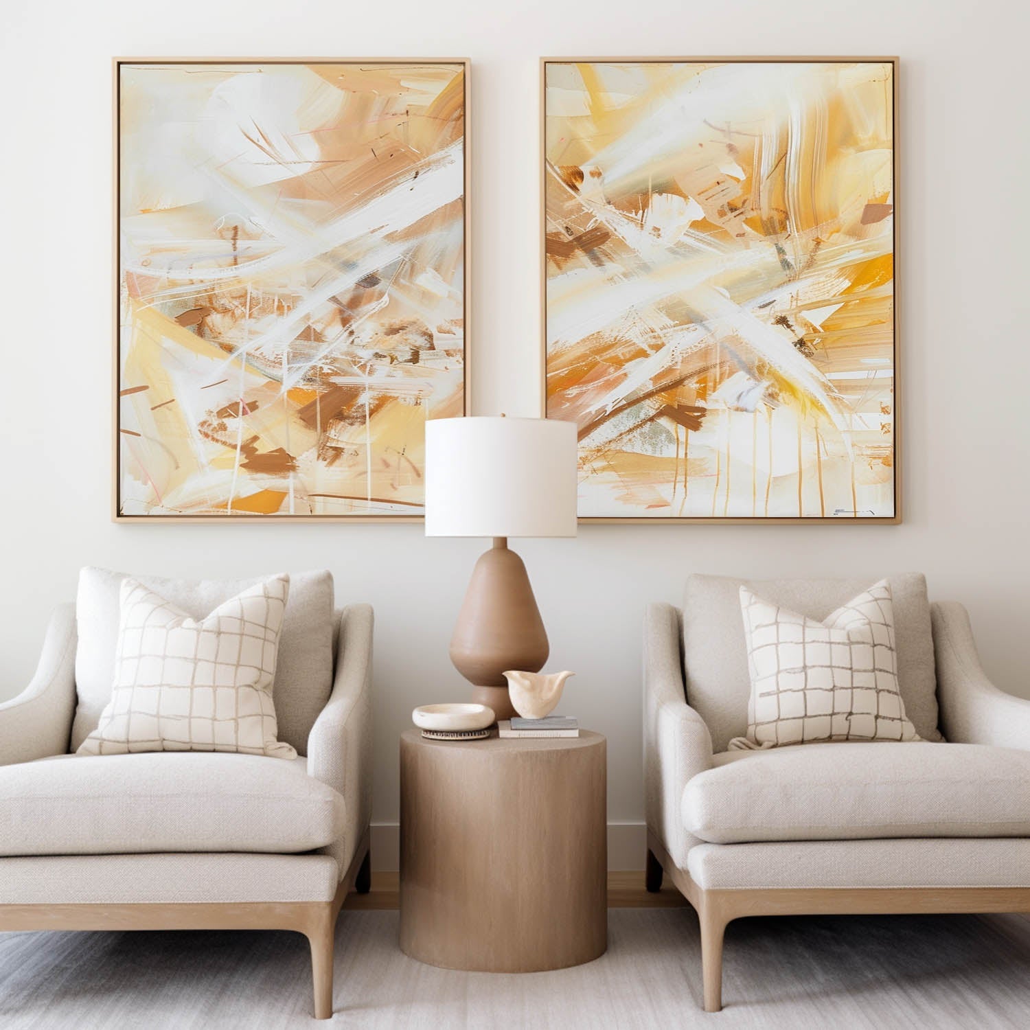 Warm Ochre Brushstroke Diptych Canvas Set