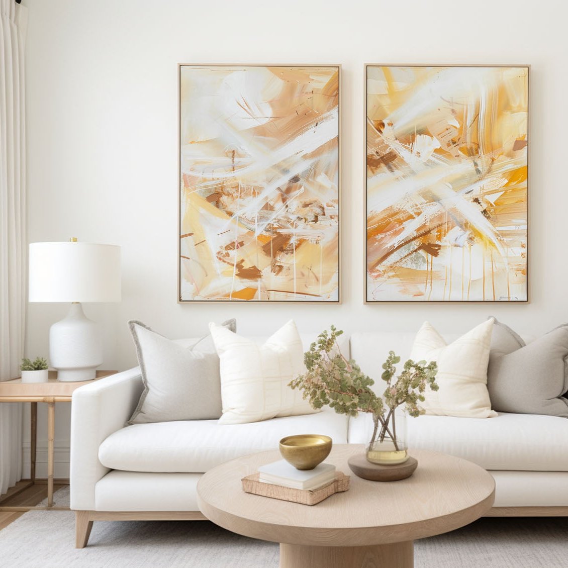 Warm Ochre Brushstroke Diptych Canvas Set