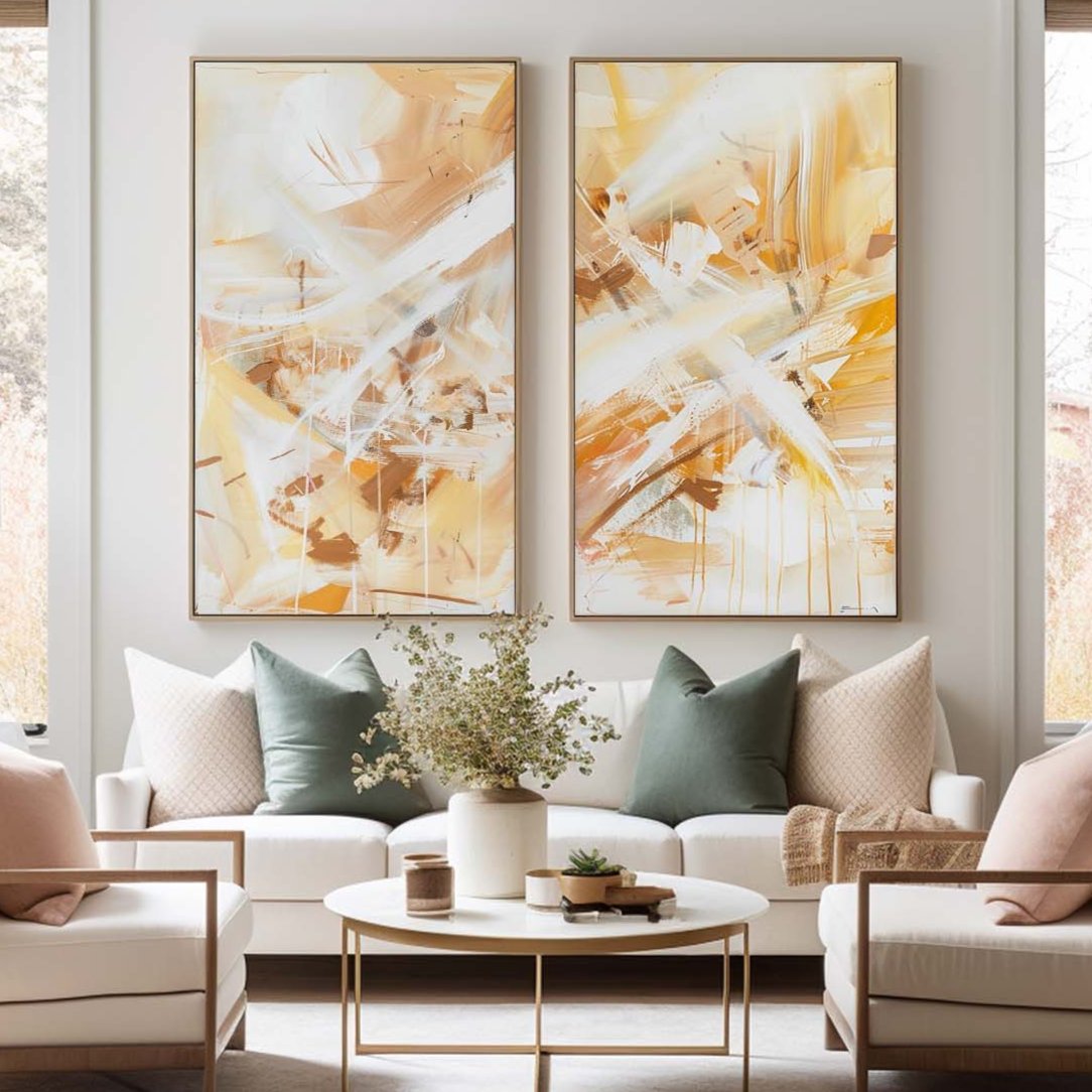Warm Ochre Brushstroke Diptych Canvas Set