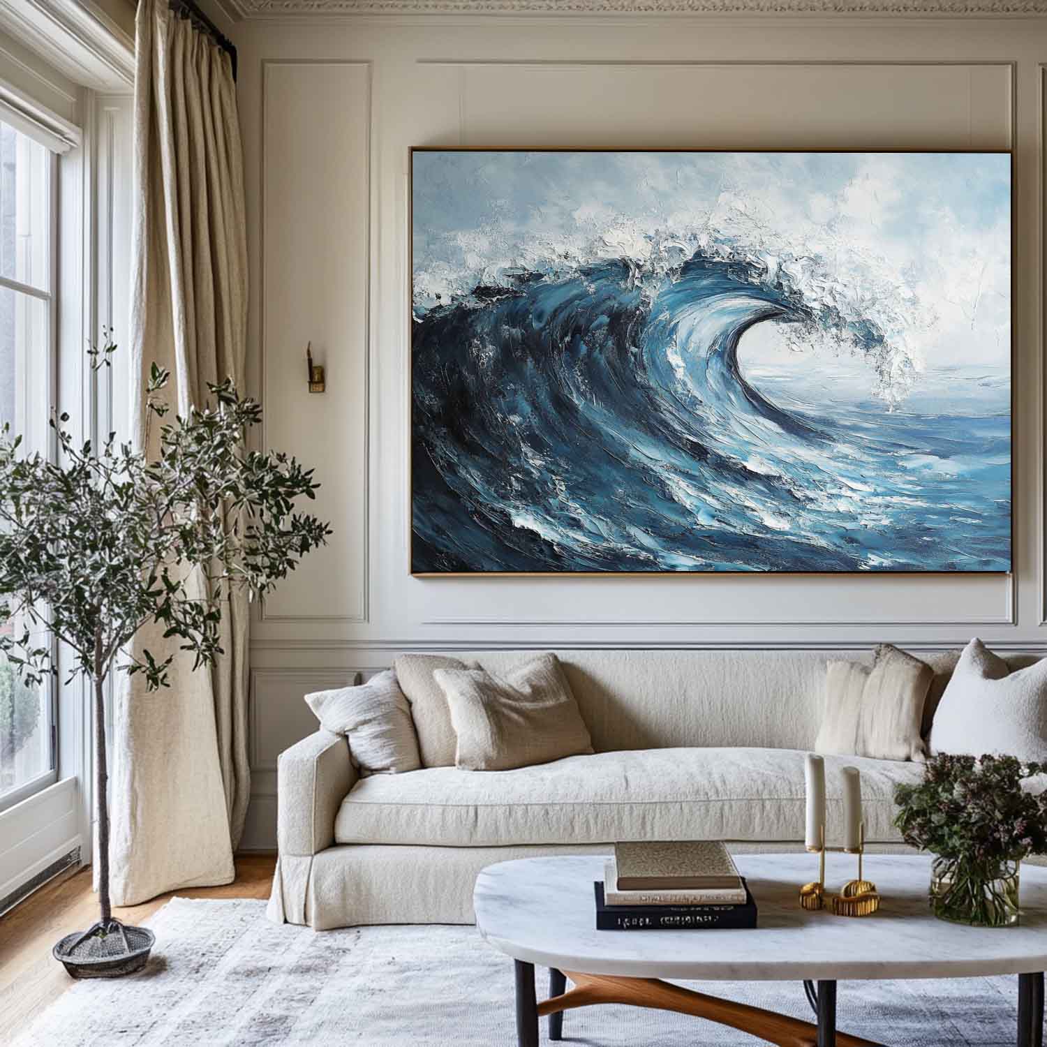 Powerful Curling Ocean Wave  Seaside Scene Thick Impasto Textured Artwork