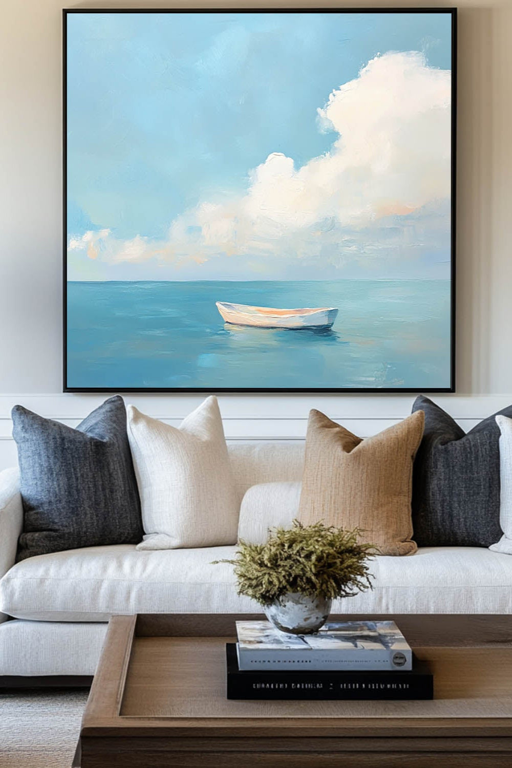 Tranquil Ocean Boat Seascape Soft Cloud Layered Impasto Textured Artwork