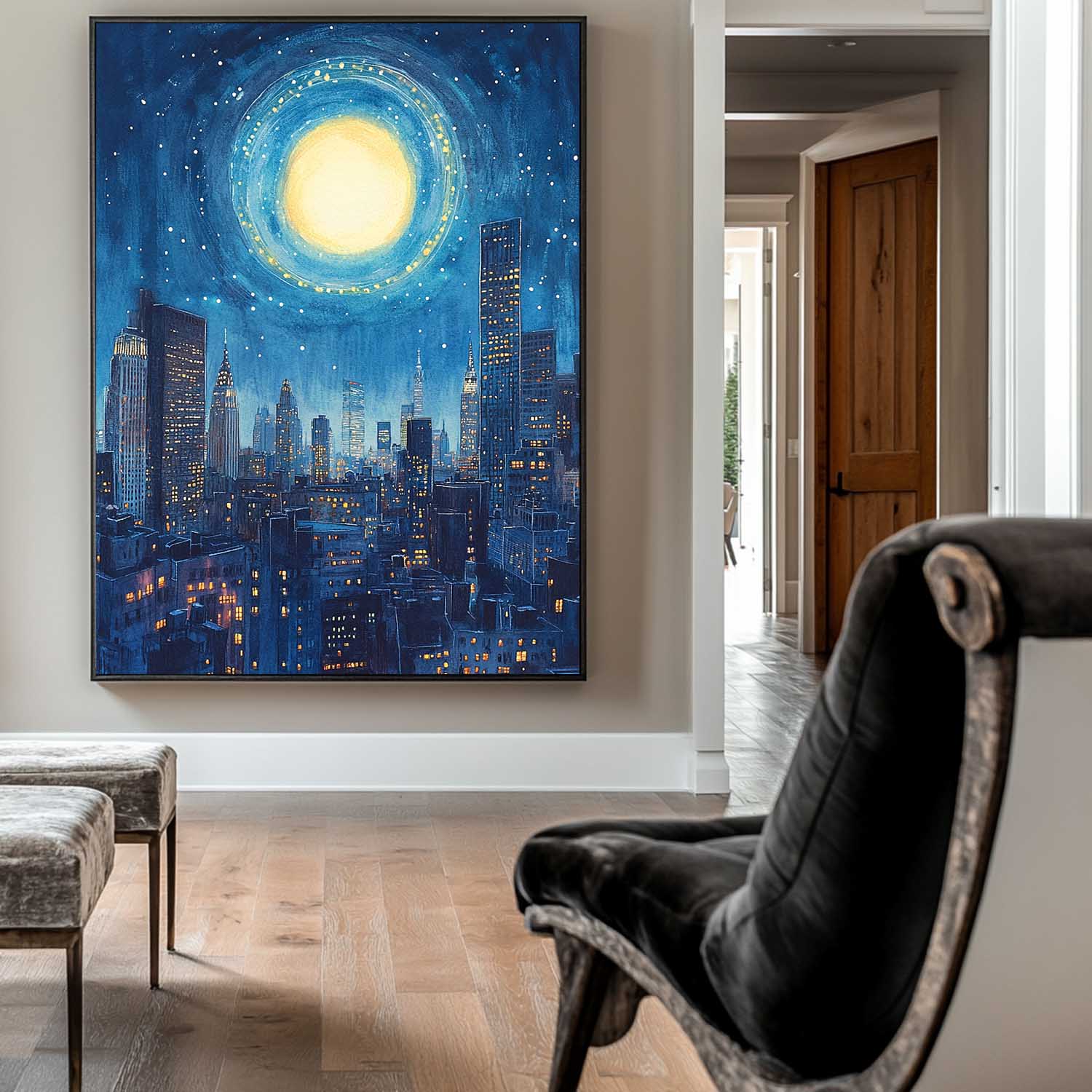 Starry Night City Skyline Canvas Art
